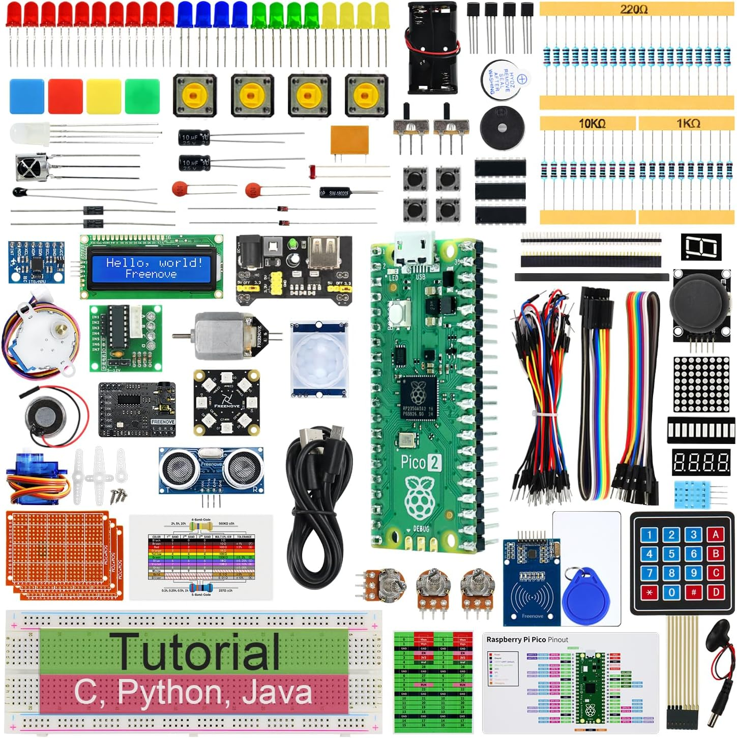 Freenove Ultimate Starter Kit for Raspberry Pi Pico 1 2 W (Not Included), 767-Page Detailed Tutorial, 220 Items, 119 Projects, Python C Java Code