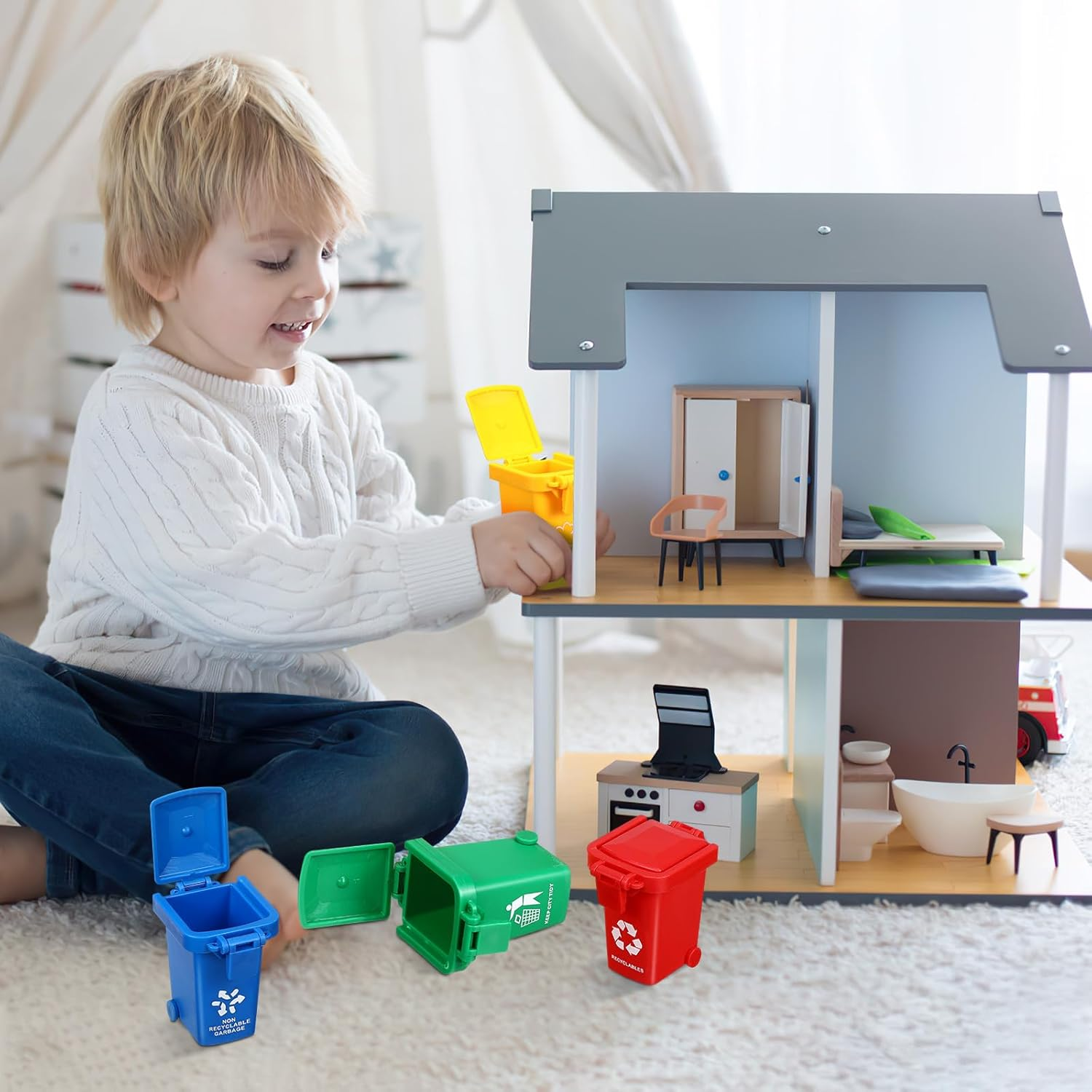 Abaodam 4Pcs Mini Trash Can Mini Desk Trash Can Tiny Curbside Garbage Bin Miniature Garbage Cans with Lid Small Garbage Bin Model for Kids Toddlers Toys