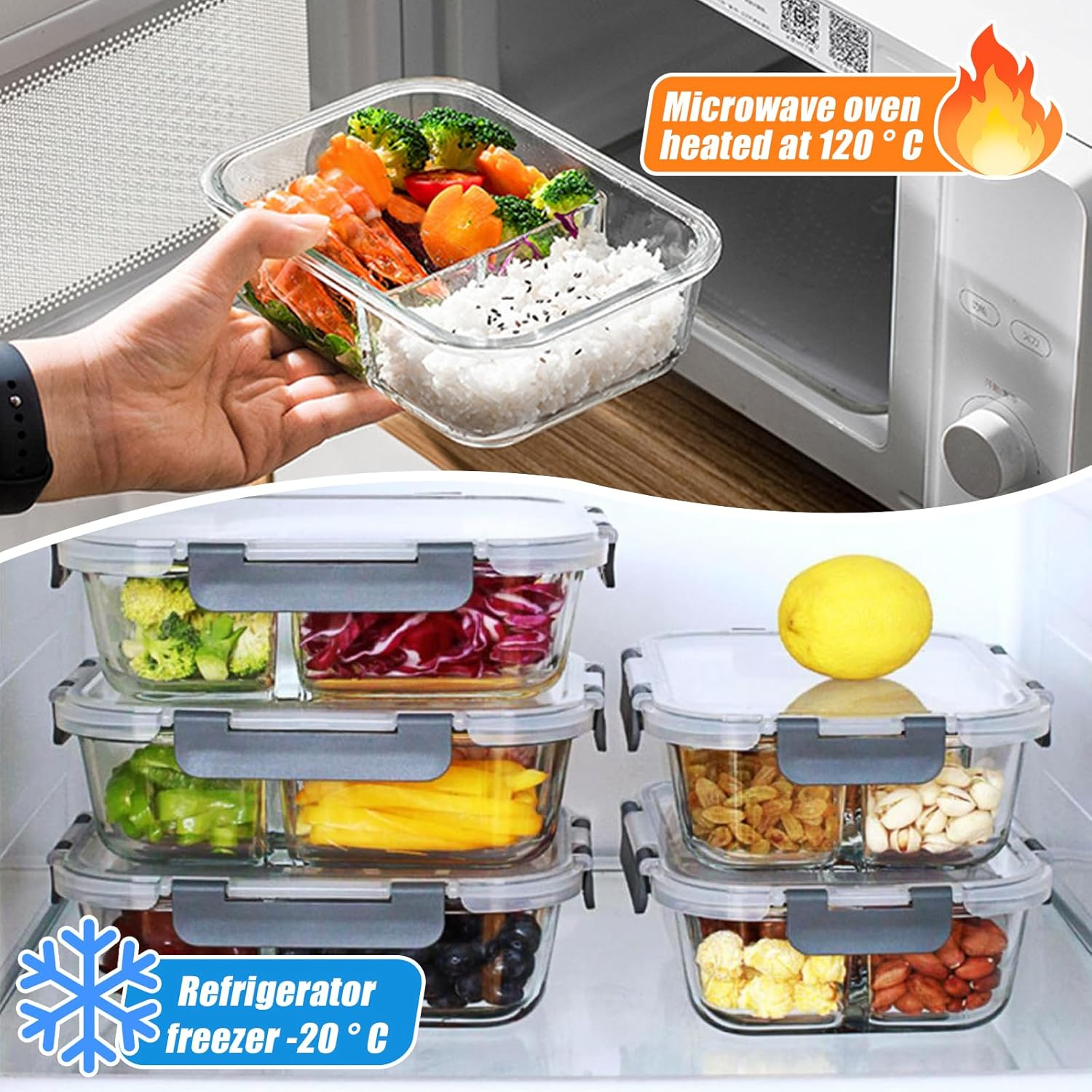 Glass Food Storage Containers(5 Pieces with Partitions,5 Pieces without Partitions),Glass Meal Prep Containers with Snap Lock Leakproof Lids,For Microwave,Freezer,Oven and Dishwasher image number 4