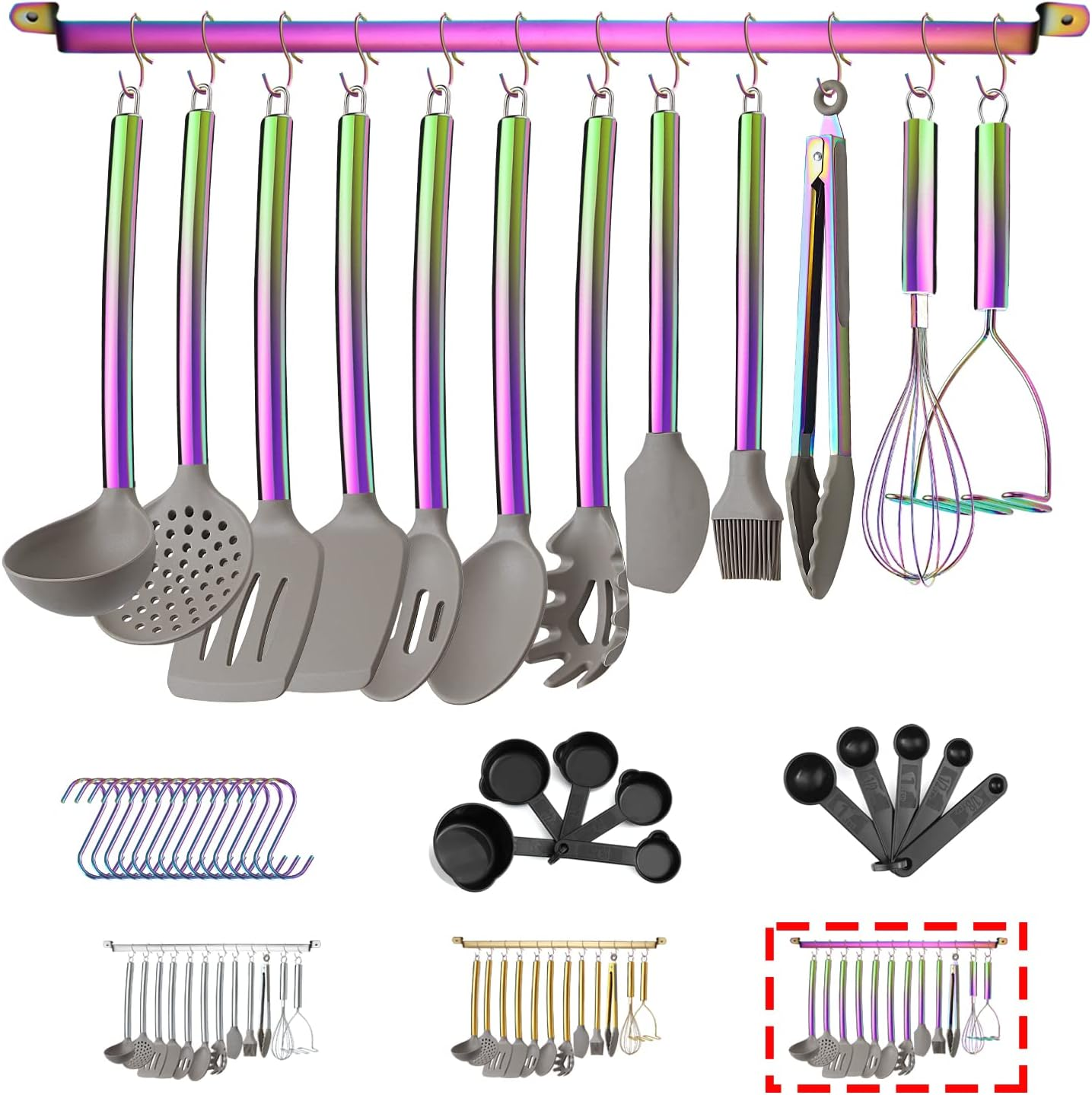 38 Piece Silicone Kitchen Cooking Utensils Set with Utensil Rack, Silicone Head and Stainless Steel Handle Cookware, Kitchen Tools, Non-Stick Kitchen Gadgets, Dishwasher Safe (Rainbow)