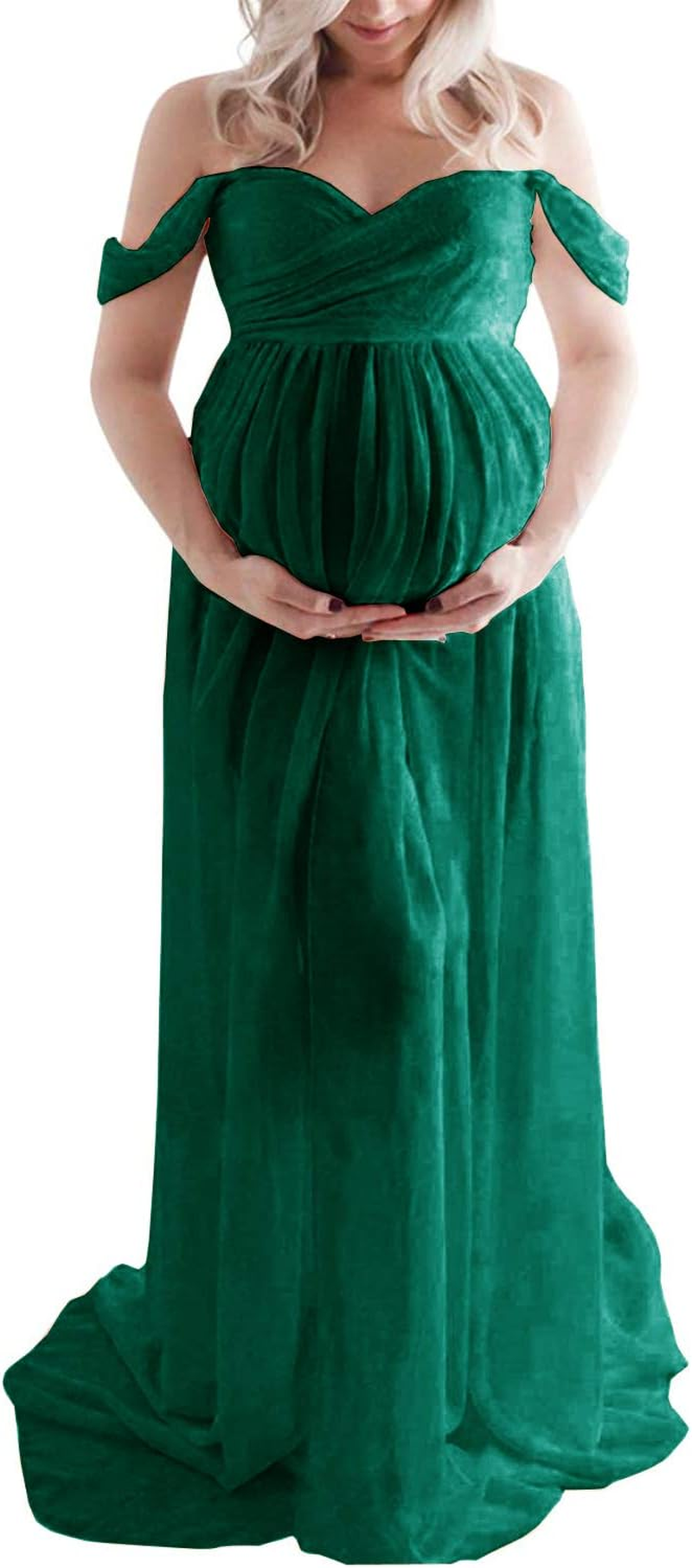 ZIUMUDY Maternity off Shoulder Chiffon Gown for Photoshoot Split Front Lace Maxi Dress for Photography image number 3
