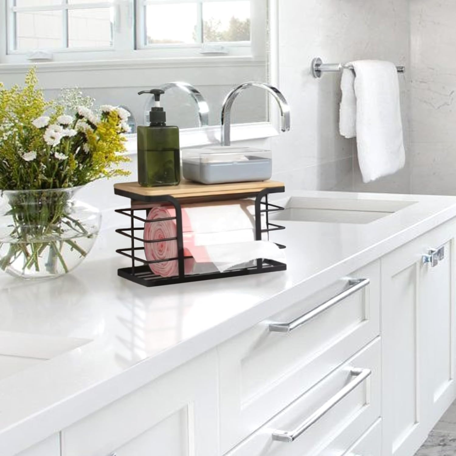 2 Pack Trash Bag Dispenser and Garbage Holder &ndash; Stackable Roll Storage Box with Bamboo Top for Kitchen, Bathroom & under Sink Home Organization