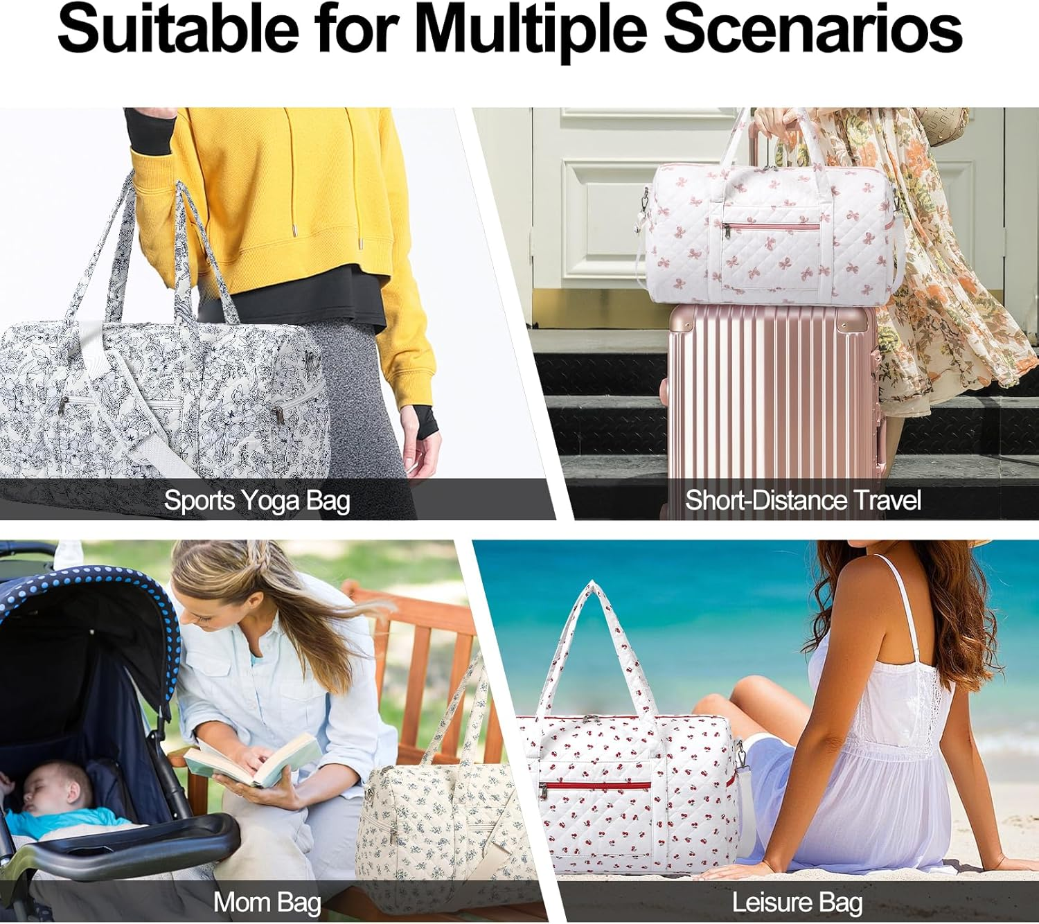 Gym Bag for Women, Cute Duffle Bag, Quilted Duffle Bag for Travel, Floral Duffle Bags, Weekend Bag with Zipper Pocket Dance Bag Organizer, Quilted-Blue Flowers, with Shoe Compartment image number 5