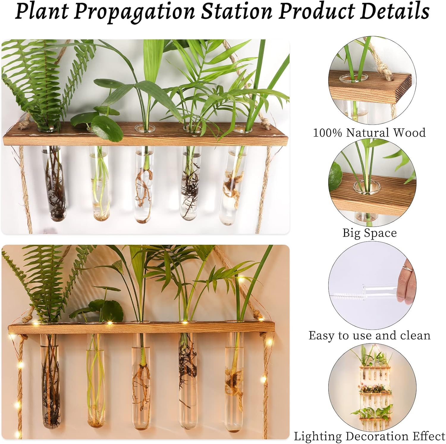 MYFINCA Propagation Stations Wall Hanging Planter Terrarium with LED Lights & Wooden Stand Propogation Planters Glass Tube Vase for Hydroponic Plant Cutting Flower, Home Decor (3Tier 16Tubes) image number 1