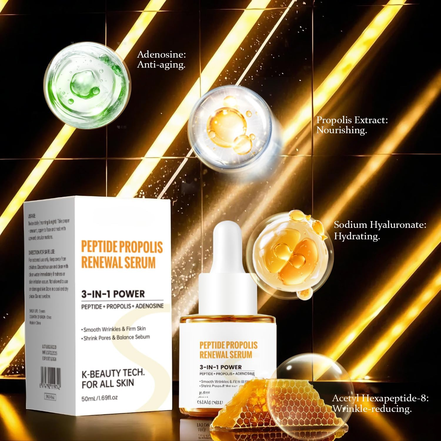 Peptide Propolis Renewal Serum 3-In-1 Power Anti-Wrinkle Firming Shrink Pores Balance Sebum Suitable for All Skin Types 50Ml