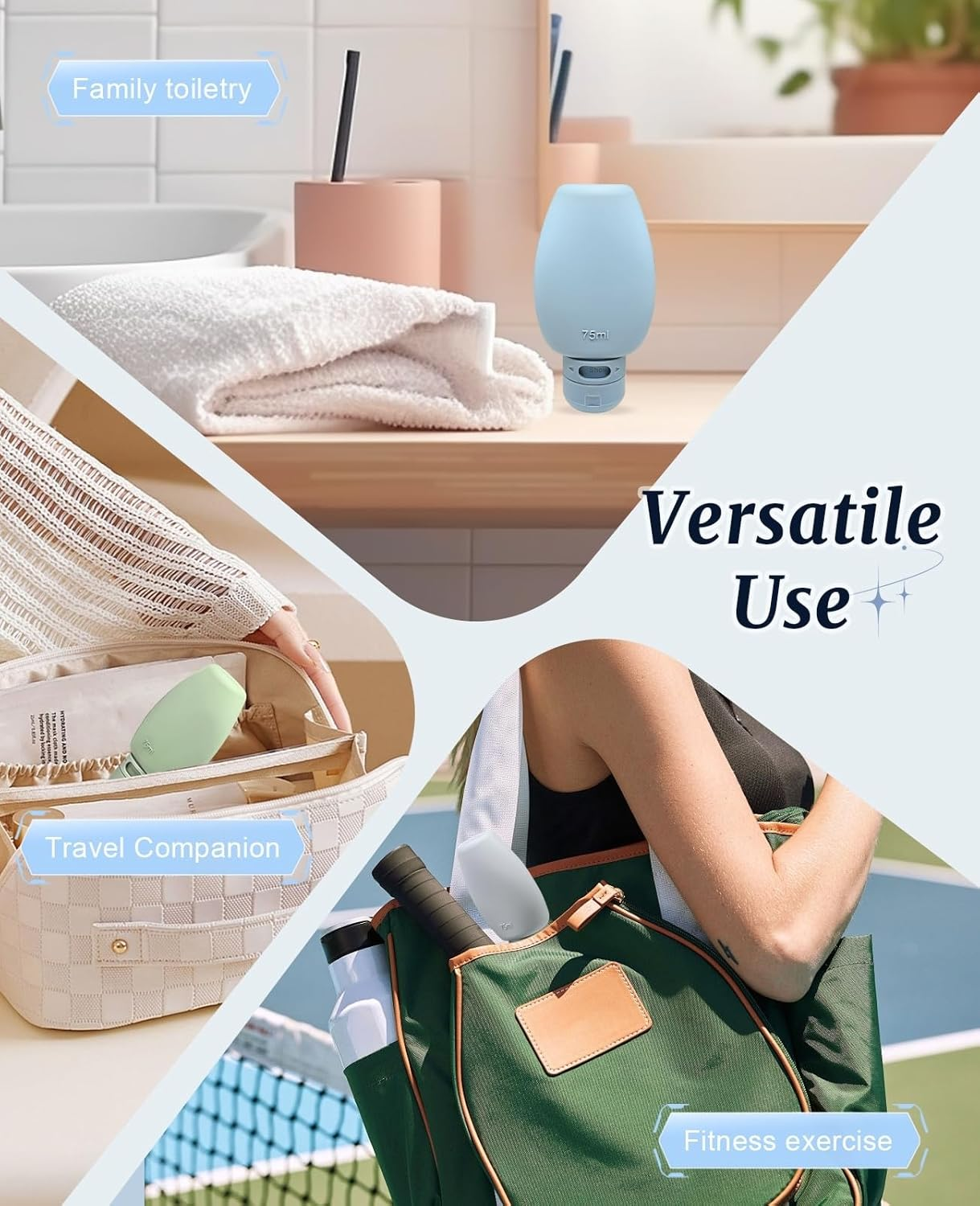 BRARIOS Travel Toiletries Set Skin Friendly Comfortable Silicone Refillable 75Ml TSA Approved Eco-Friendly Portable Durable Toiletries Container 3 Pack Cute BPA Free Leak Proof (Green&Blue&Pink) - Grey/Blue/White image number 2