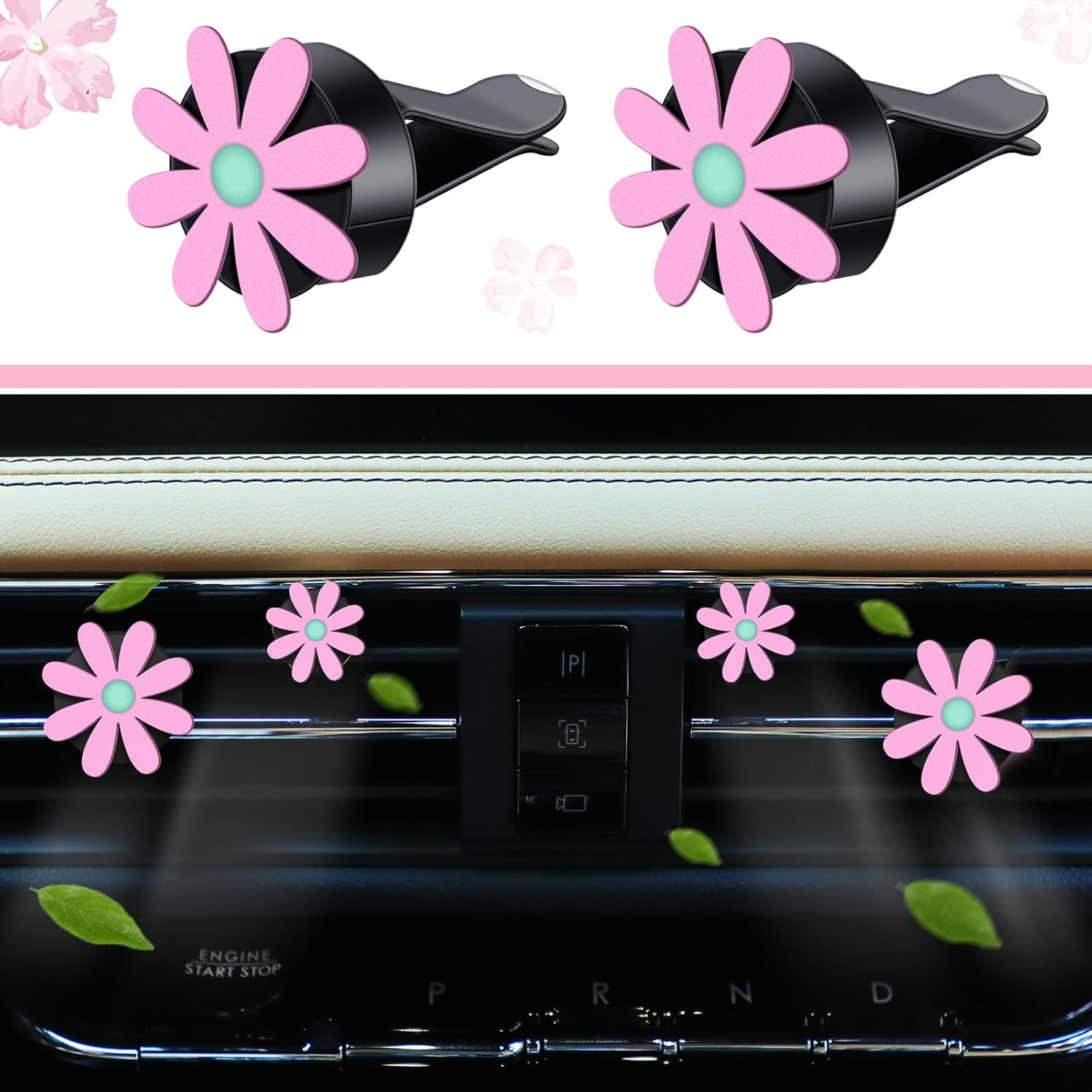 Frienda 10 Pcs Leather Steering Wheel Cover Set for Women 14.5-15 Inch Car Accessories with Seat Belt Shoulder Pad Seatbelt Cover Cup Holder Start Button Ring Sticker Air Vent Clip(Pink) image number 2