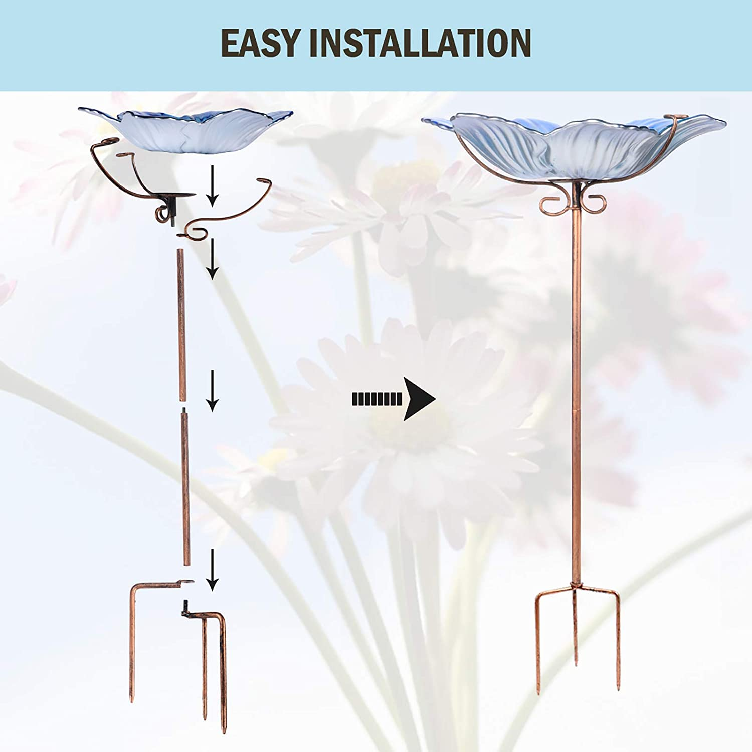 MUMTOP Bird Baths for Outdoors Glass Bird Bath Bowl Outdoor Bird Feeder Flower Pattern with Metal Stake for Garden, Yard and Lawn Decor(Blue) image number 3