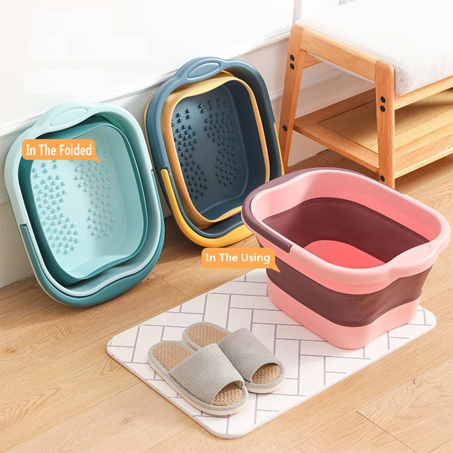 Collapsible Foot Bath Massage Tub with Handle, Gofunway Foot Spa Basin Soaking Tub Portable Pedicure, Plastic Feet Soaking Tub with Acupressure Massage Points,Foldable Laundry Basket (Pink Collapsible Basin) - Green Collapsible Basin image number 7