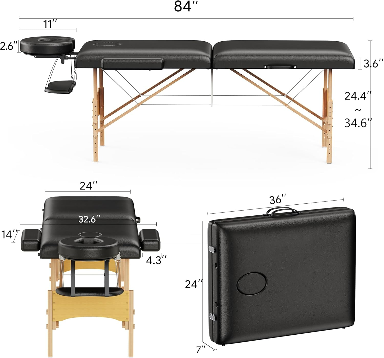 Brelley Massage Table Portable Wooden Lash Bed 24" Wide Adjustable Height 2-Fold Spa Table Foldable Tattoo Bed image number 5
