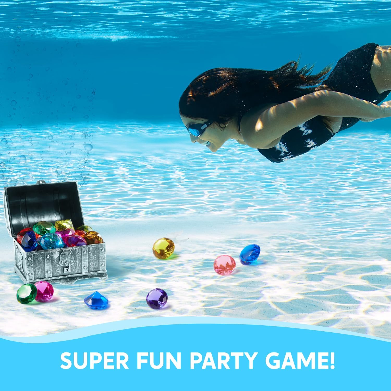 Sloosh Diving Gems Pool Toys,16 Big Colorful Diamond with Pirate Treasure Chest,Swim Dive Toy for Kids Underwater Gemstone Swimming Training Gift Water Toys Pool Games(Silver) image number 2