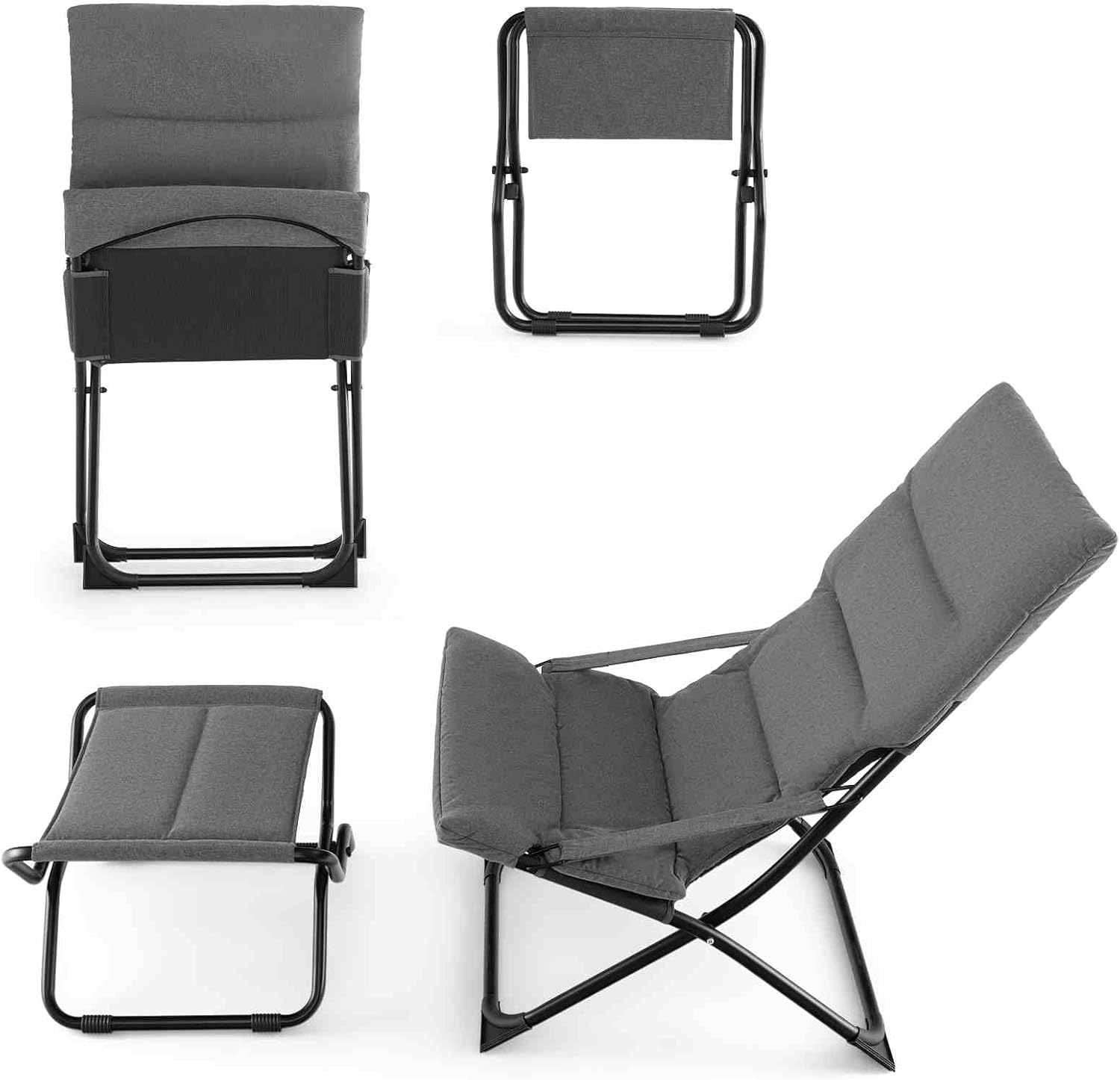 Costway Patio Folding Sling Chair with Ottoman, Outdoor Portable Lounge Chair with Footrest & Removable Cushion, Reclining Beach Chair & Ottoman Set for Deck, Garden, Poolside, Grey image number 6