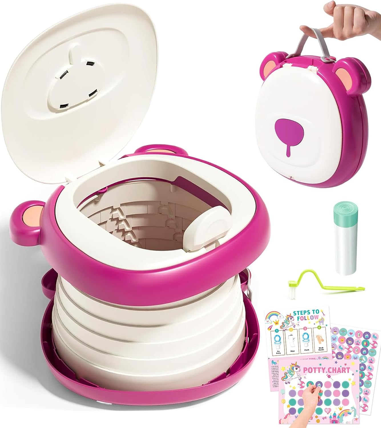 Potty Training Toilet,Foldable Car Potty for Toddler, Portable Toilet Seat for Kids with Toilet Liners, Toilet - Learning Sticker Chart, Toilet - Learning Chart, Disposable Bag, Portable Toilet Seat for Toddler Travel, Camping and Outdoor Use (Khaki)