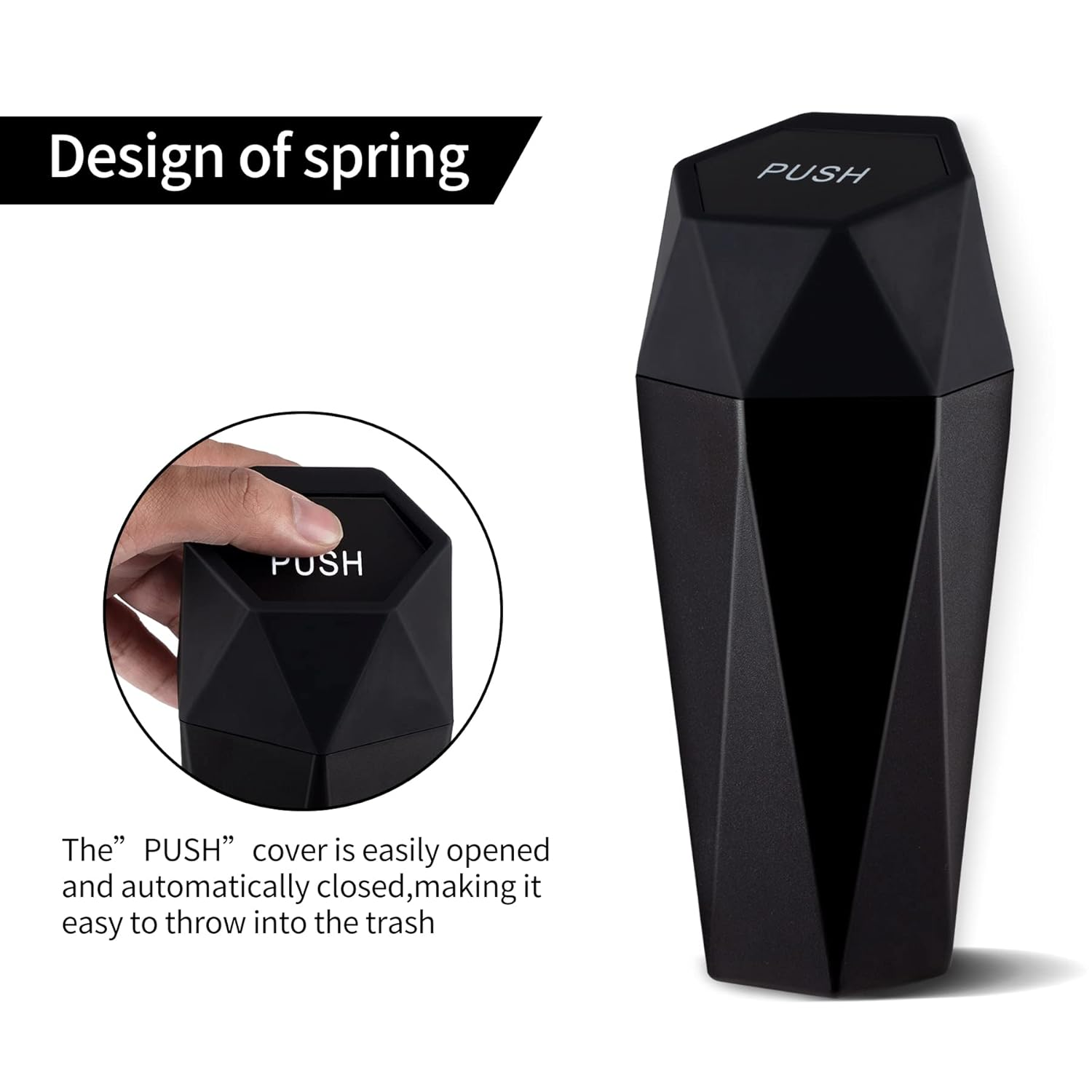 JUSTTOP Car Trash Can with Lid, Diamond Design Small Automatic Portable Trash Can, Easy to Clean, Used in Car Home Office (Black) image number 2