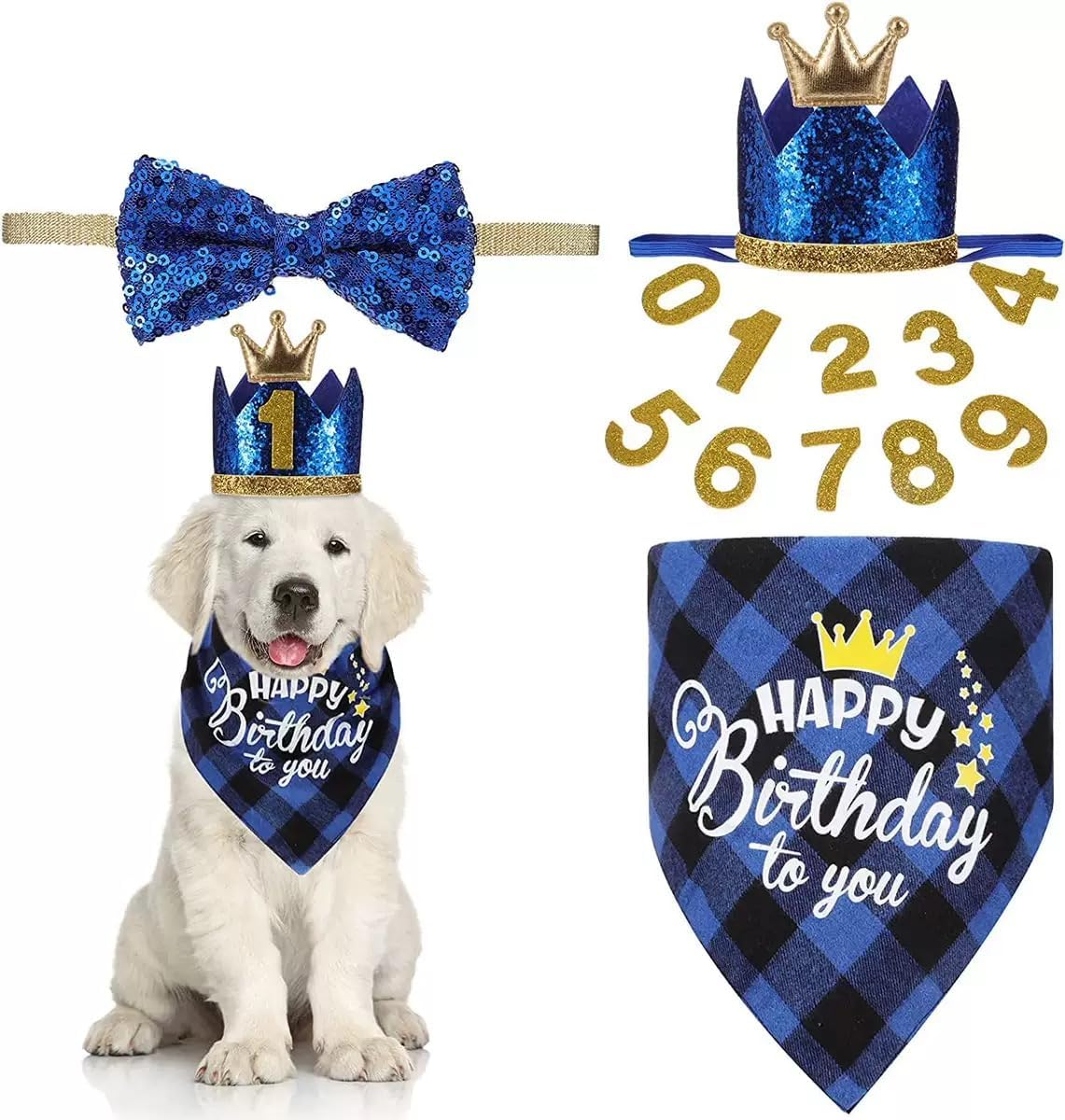 Dog Birthday Party Set, Blue Crown, Bow Tie and Bandana with Numbers, 4 Pieces image number 1
