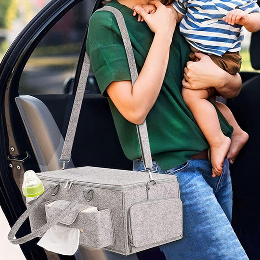 Baby Diaper Caddy Organizer with Lid, Large Portable Nursery Storage Basket for Changing Table, Car & Travel, Collapsible Diaper Organizer with Handles & Dividers &ndash; Light Gray image number 1