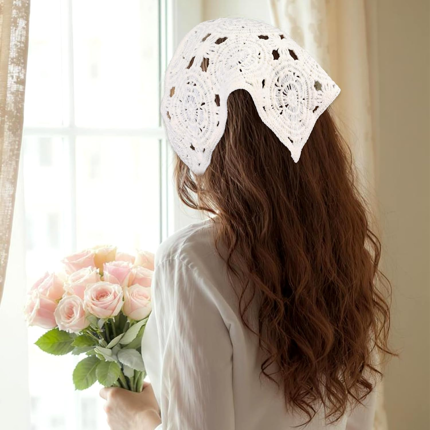 Fdclixuvol Women'S Handmade Crochet Headband Triangle, Boho Triangle Scarf Bandana, Hair Bands Retro Crochet Bandana Headband Hair Scarf Headscarf, Floral Design Lightweight Summer Look Turban Hair