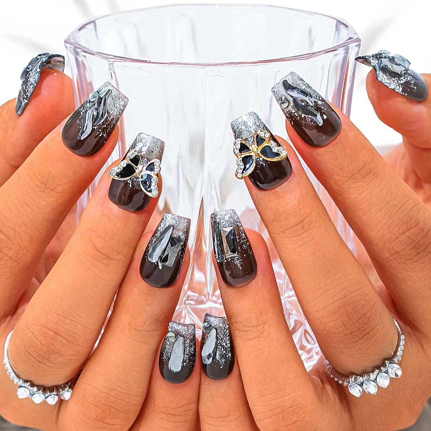 Sethexy Black Rhinestone Handmade Fake Nail Medium Coffin False Nails Crystal Acrylic Glossy Press on Nail Salon Nails Metallic for Women and Girls 10PCS (F) image number 3