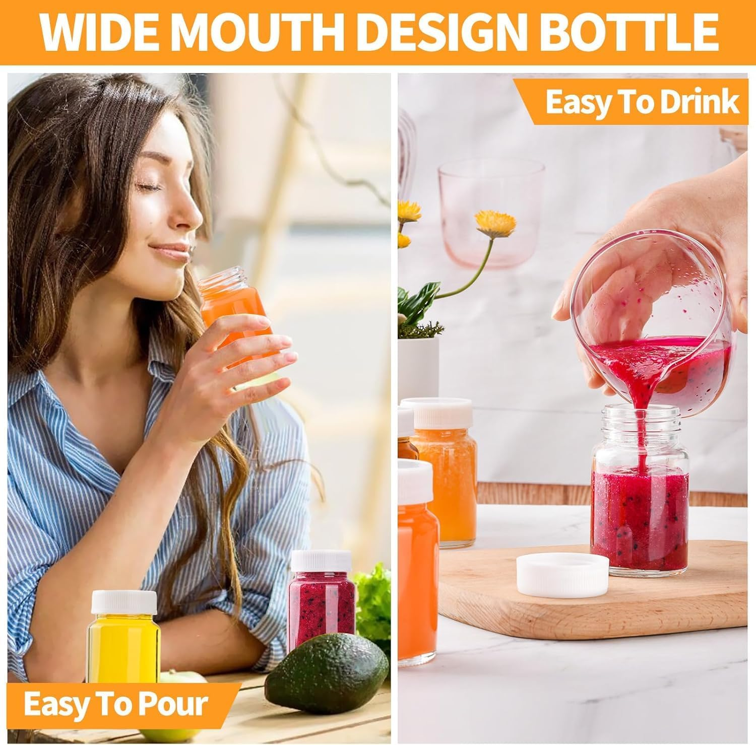 36 Pack 2 OZ Glass Shot Bottles with Caps, 60 ML Empty Wellness Juice Bottles for Freezer Mini Water Bottle Containers for Drink Milk Beer Coffee Liquid Beverages with 4 Funnels, Lables and Pen image number 1