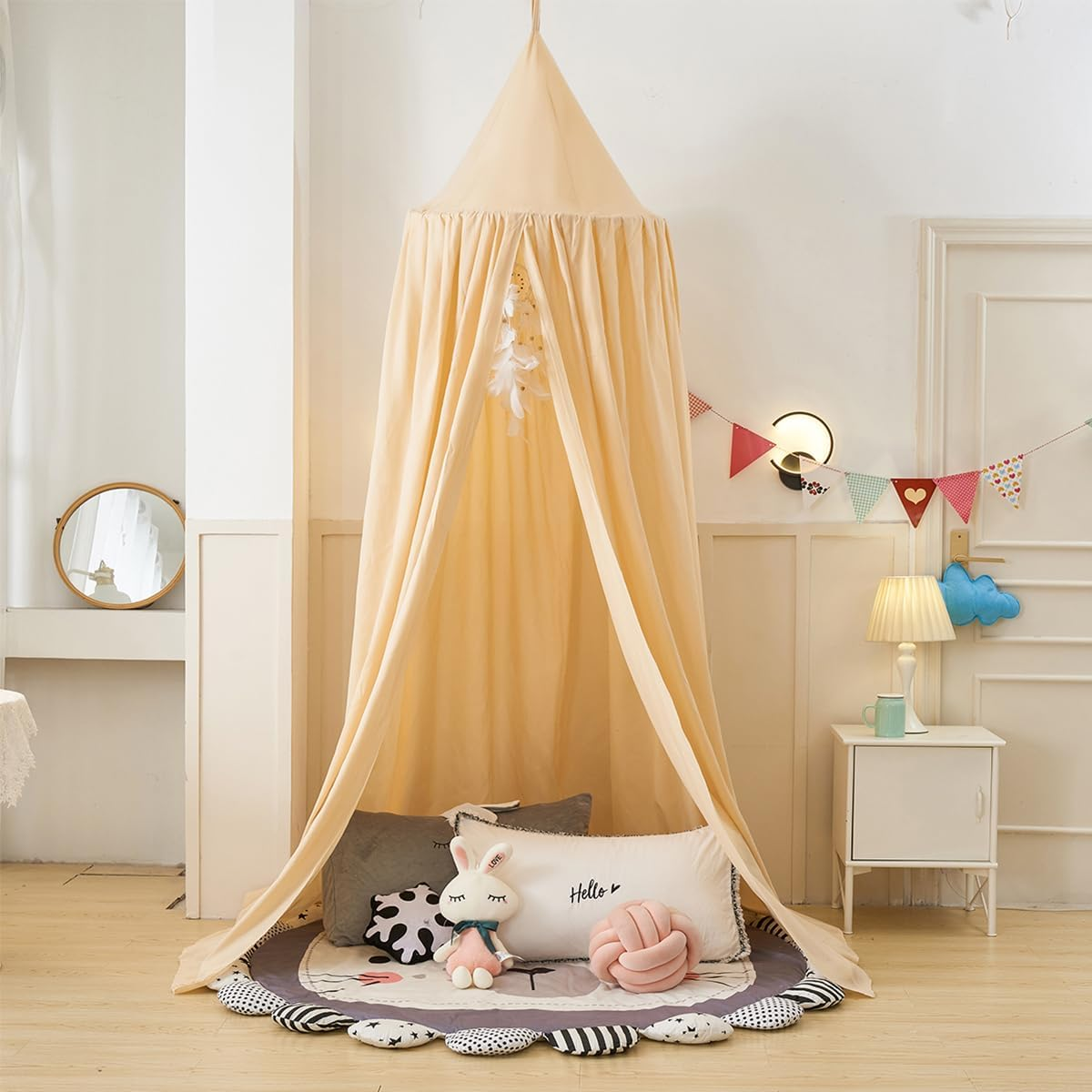 Kids Bed Canopy, Princess round Dome Canopies for Girls & Adults Mosquito Net for Nursery Baby Crib Child Bed Cotton Hanging Bedding Drapes for Reading Nook Hideaway Castle Game Play Room Decor