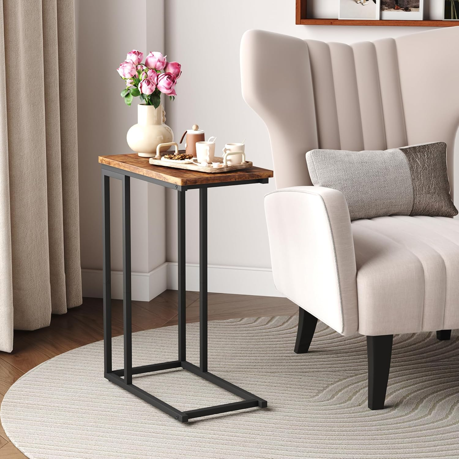 HOMEFORT Narrow C Shaped End Table - Space-Saving Side Table for Living Room, Bedroom, Sofa Small Spaces, Rustic Brown image number 5