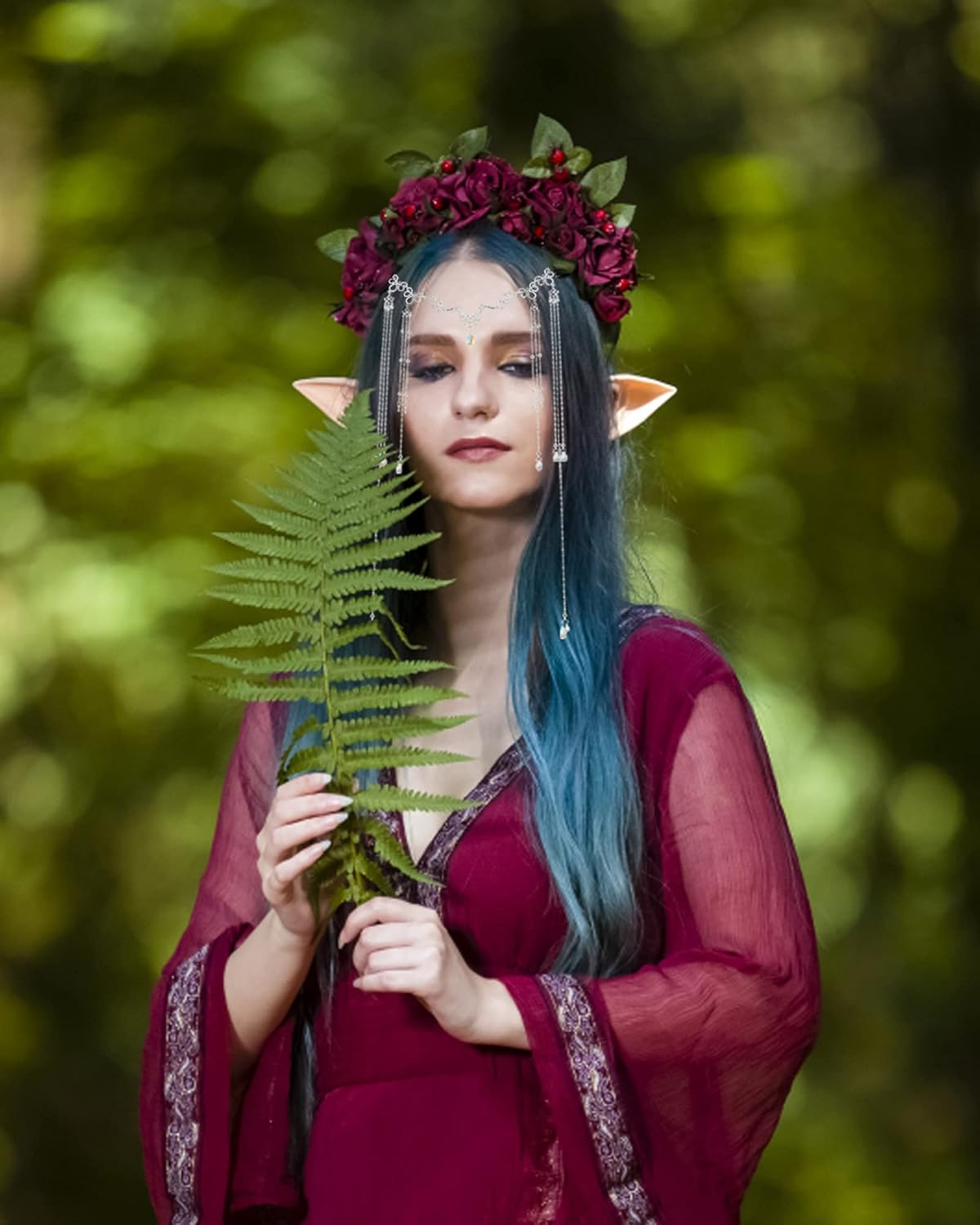 Elf Ears with Headpiece Set-2 Pairs Short and Long Latex Ears and Tassel Headpiece Fairy Chain Kit Fairy Hair Accessories Cosplay Props for Halloween Masquerade, Silver, Medium image number 2