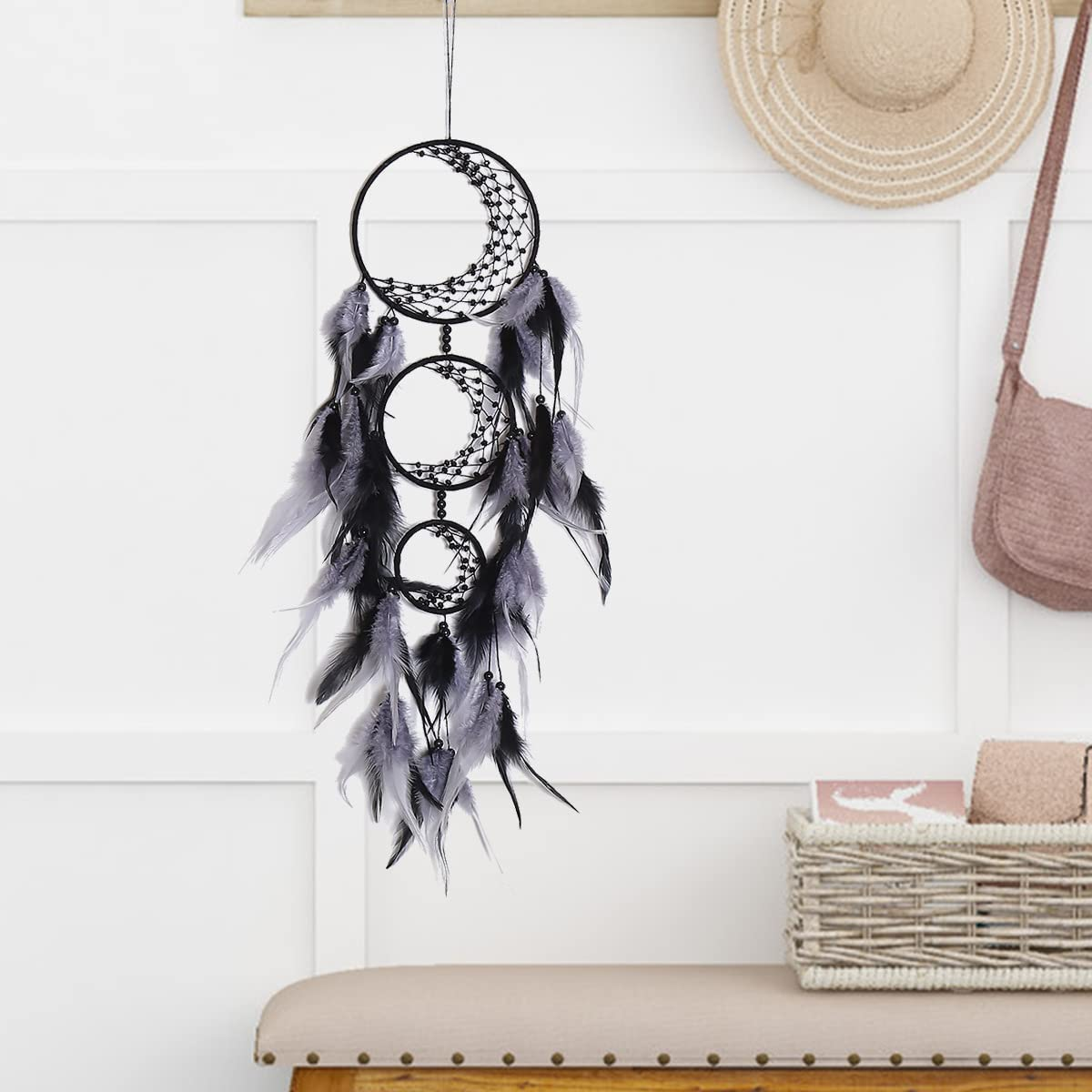 Zingtsing 3 Rings Moon Dream Catcher Hanging Decor Dreamcatcher Wall Hanging Feather Ornaments for Living Room Decor (Black/Grey) image number 3