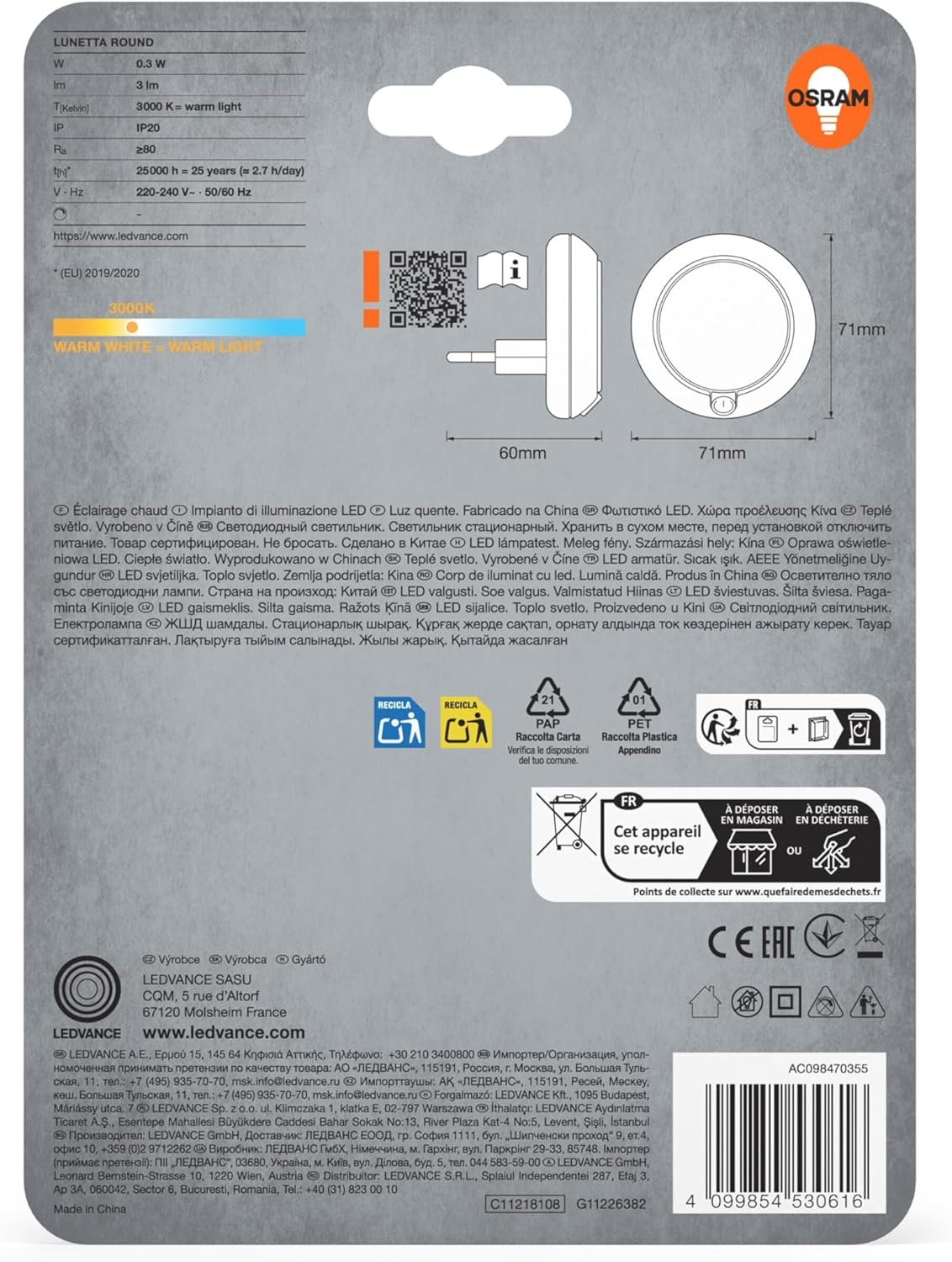 OSRAM Lunetta round Night Light White with Sensor, LED Technology, 3 Lm Luminous Flux, 3000 K Warm White, On/Off Switch, Socket Mounting image number 1