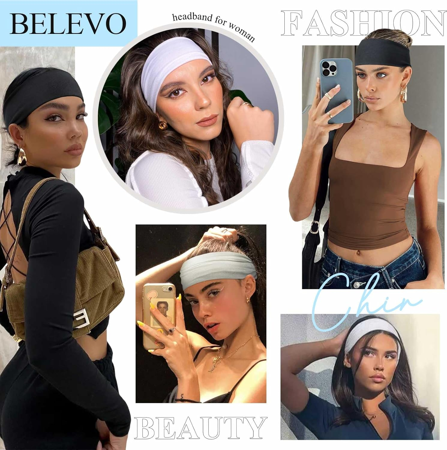 BELEVO Headbands for Women'S Hair, Fabric Headband Elastic Head Bands Adult Women Stretchy Hair Bands Soft Hair Accessories for Yoga Exercise Sports Makeup 4 Pcs (Black/White/Grey) image number 5