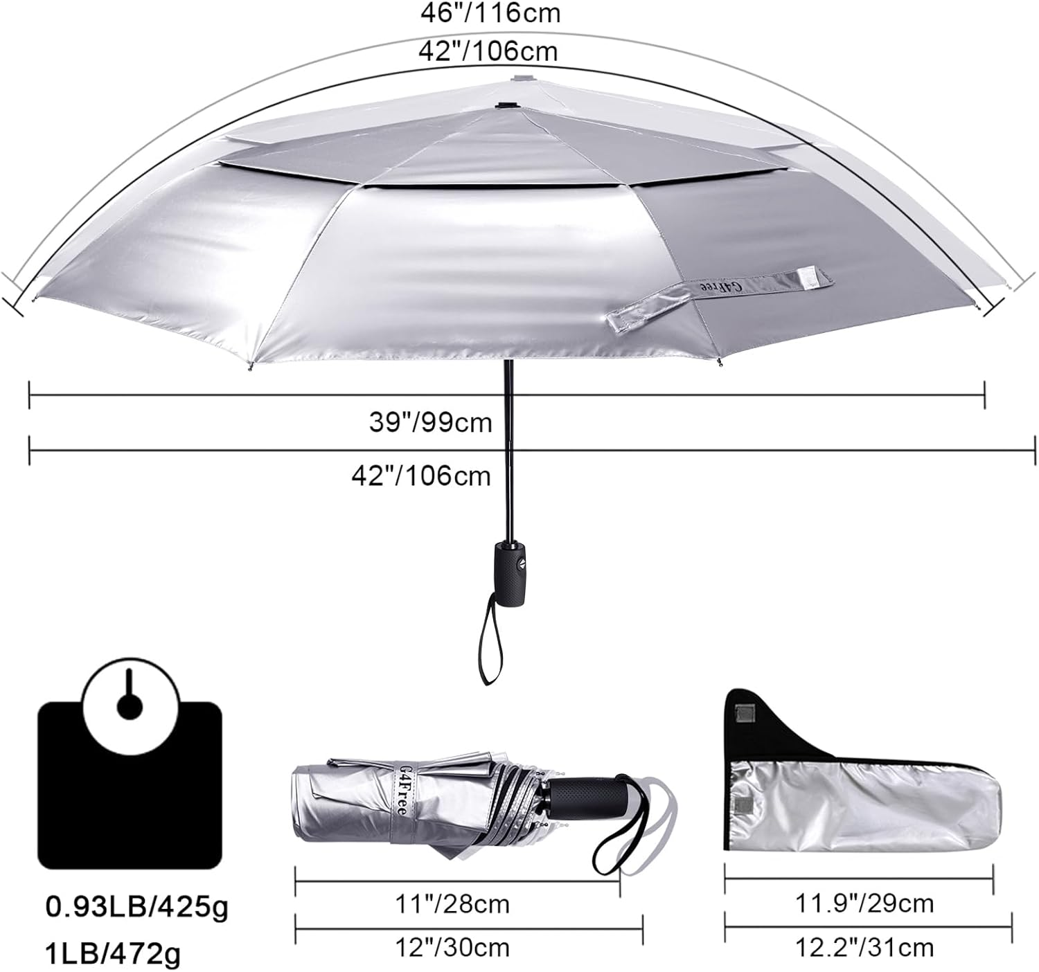 G4Free UPF 50+ UV Protection Travel Umbrella 42/46 Inch Windproof Silver Coating Sun Blocking Umbrella image number 6