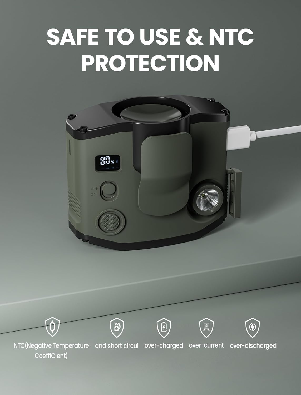 Portable Waist Clip Fan with LED Display, Light, 10000 Mah Small Belt Fan with Dual Clips and Lanyard, Personal Wearable Cooler with 3 Speeds, Small Necklace Fans, Shirt Fan for Hot Flashes, Jobsite - Army Green image number 2