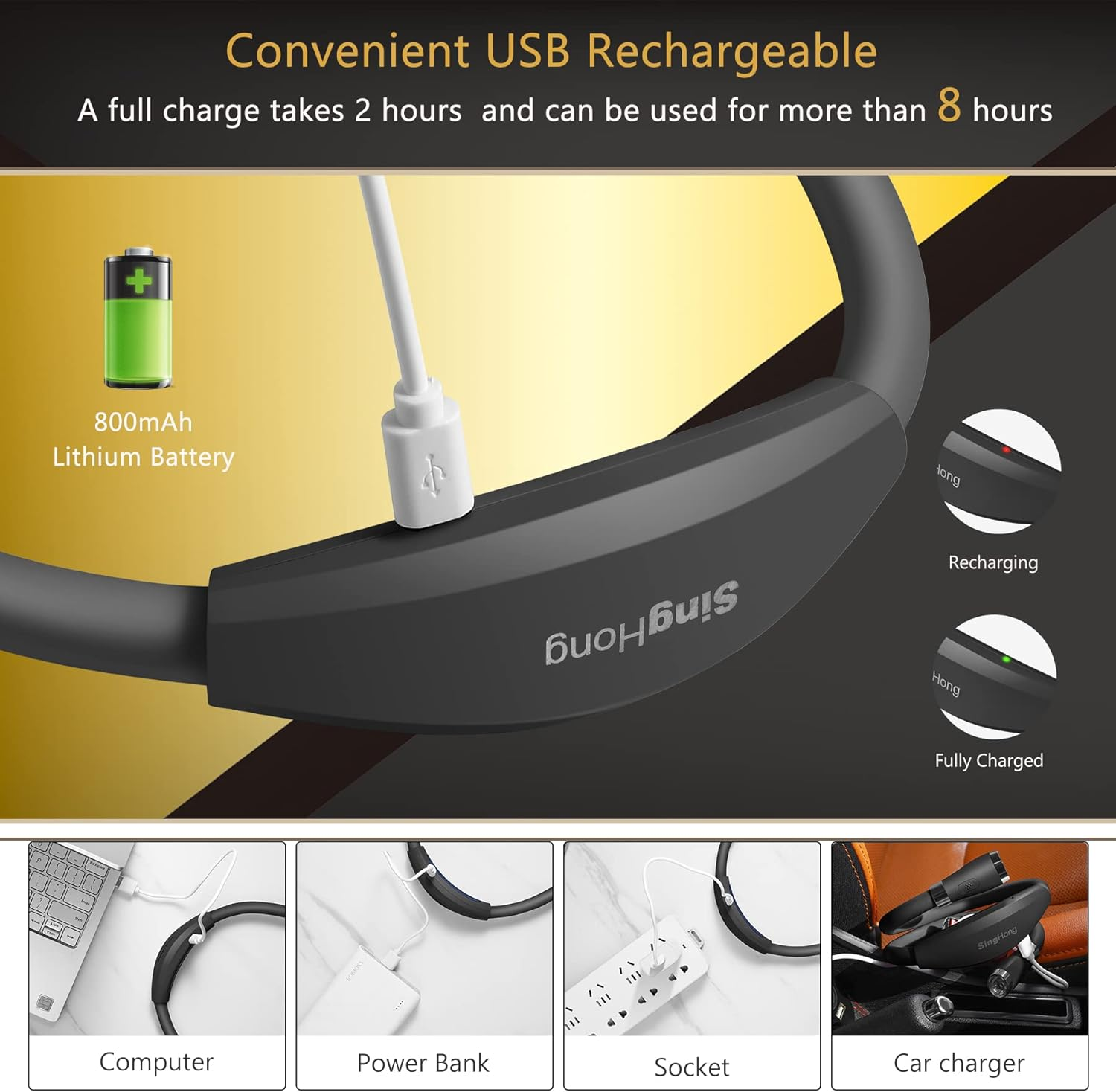 Singhong Neck Book Light LED Reading Lamp - USB Rechargeable, Hands Free, 4 LED Bulbs, 4 Adjustable Brightness, for Bed or Car (Black) - Blue image number 2