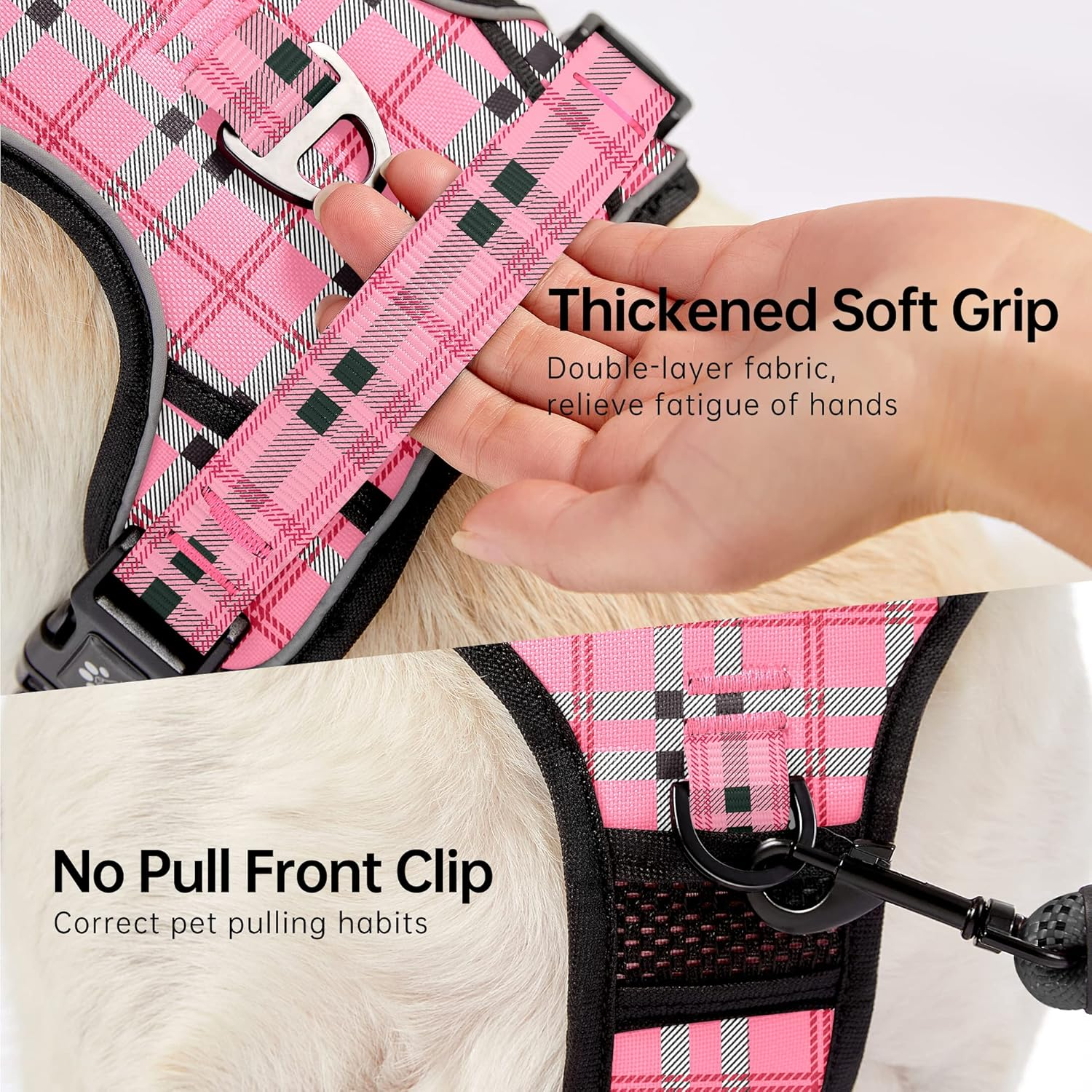 NESTROAD Pink Plaid Dog Vest Harness, No Pull Adjustable Harness and Lead Set for Large Dogs, Size XL of Neck 17~25" Chest 21~35", anti Pull Escape Proof Dog Lifting Harness with Seat Belt for Car