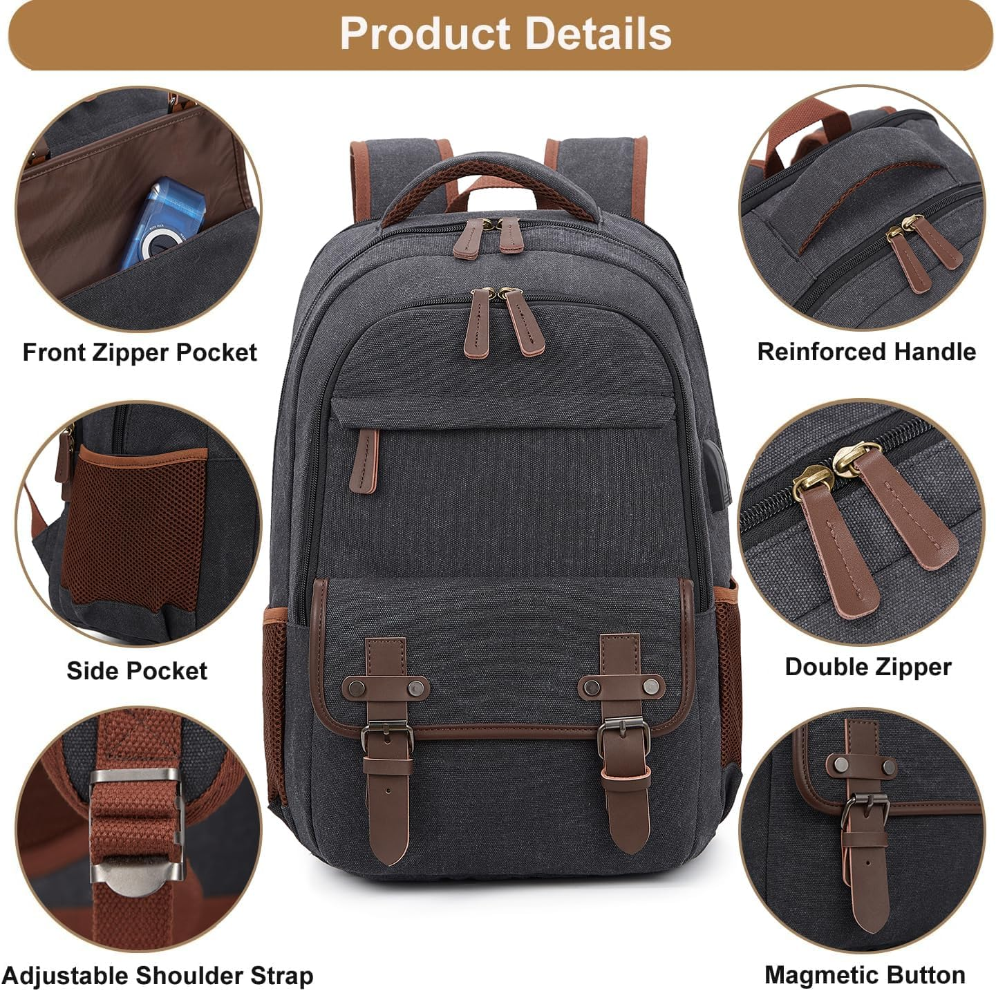 Canvas Travel Laptop Backpack for Men Women,Work Backpack Fits 15.6 Inch Laptop, Bookbag with USB Charging Port image number 4