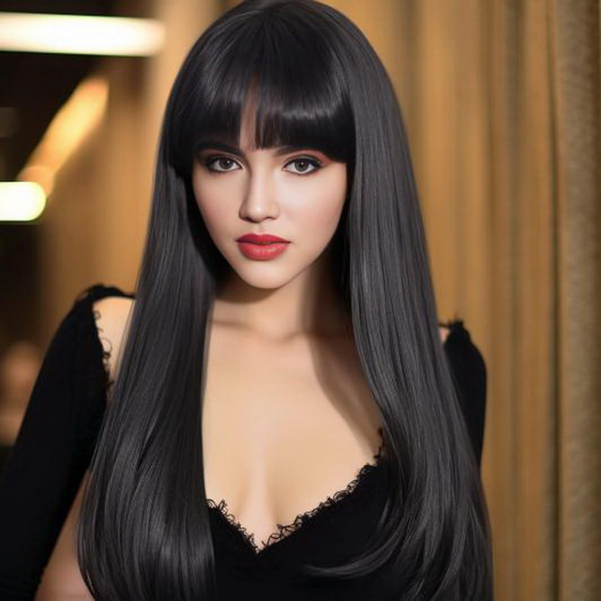 Wig with Bangs for Girls|Long Straight Colored Wigs for Women (Black)