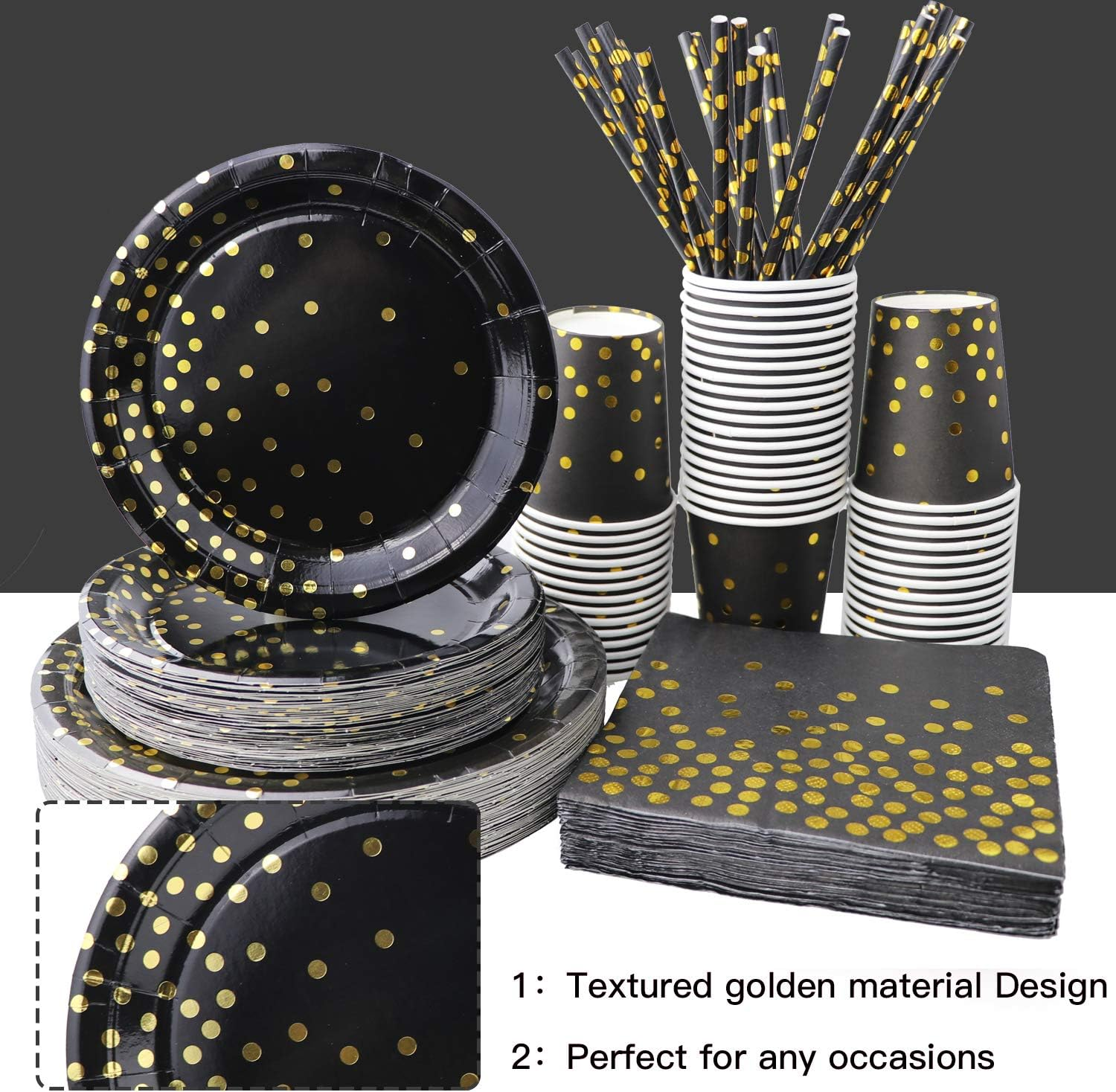 310PCS Black and Gold Party Supplies - Disposable Paper Plates Dinnerware Set Rose Gold Dots 50 Dinner Plates 50 Dessert Plates 50 Cups 50 Napkins 50 Straws 60 Balloons Birthday Party Wedding Holiday image number 4