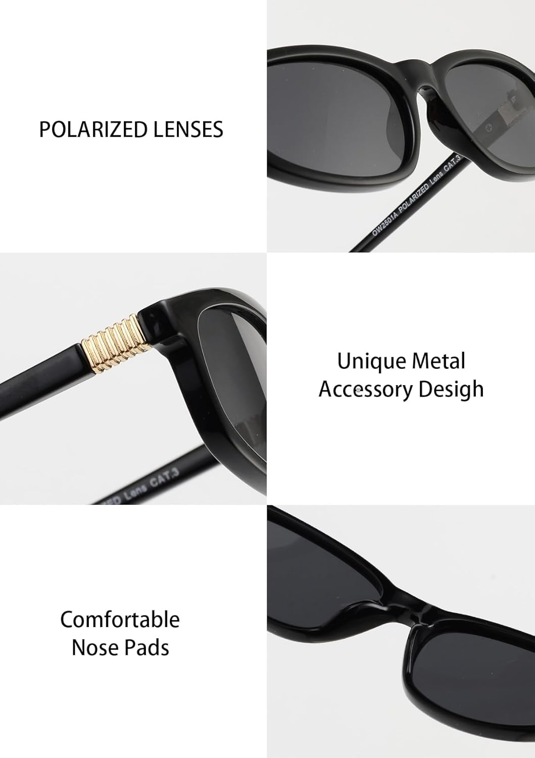 OUWEN Trendy Rectangle Polarized Sunglasses Womens Mens, Retro Designer Small Sun Glasses OW2501 - Black image number 6