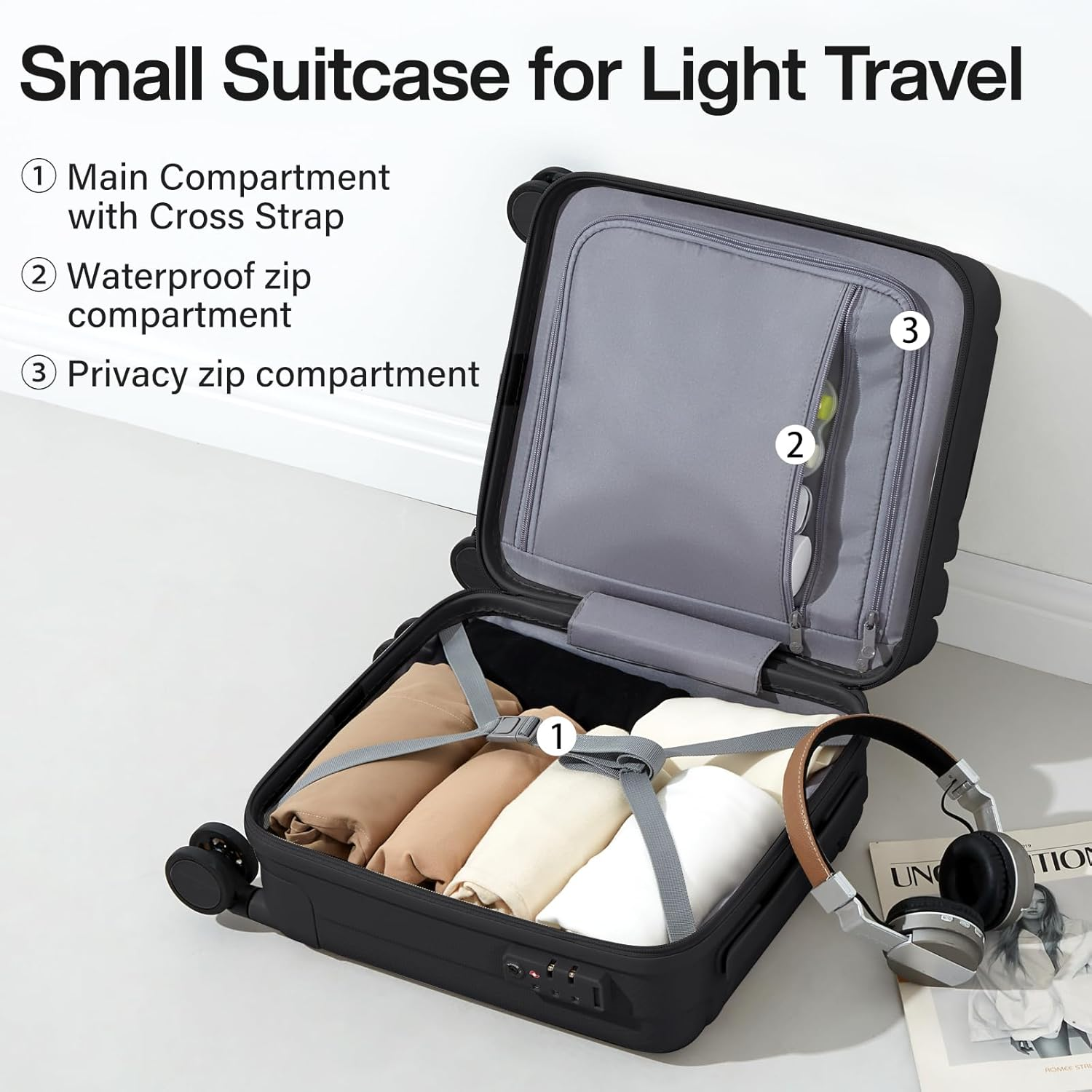 Hanke 14 Inch Underseat Carry on Luggage with Wheels Hard Shell Suitcases Carry on Bag Lightweight Small Mini Suitcase Luggage for Travel(Jet Black) image number 1