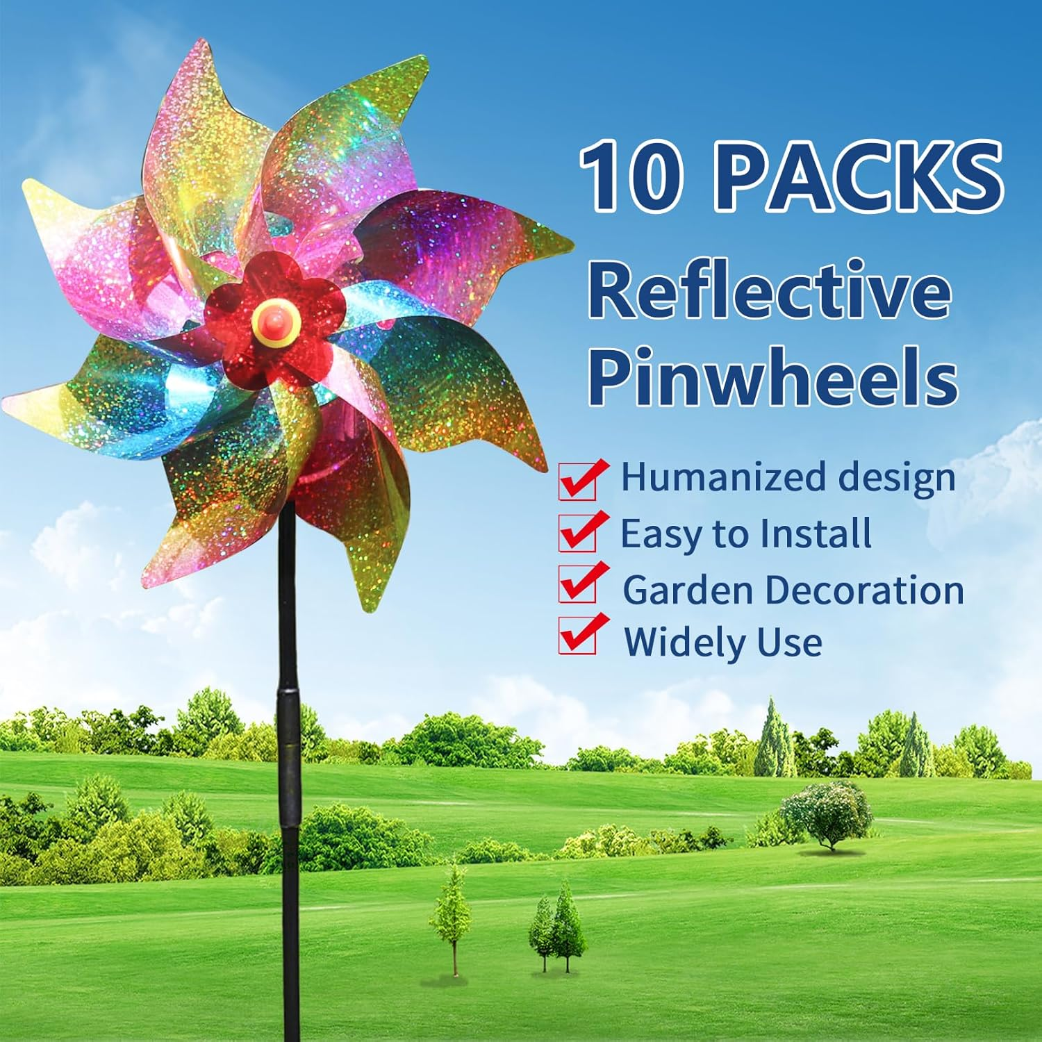 10 Pieces 21 Inches Rainbow Reflective Pinwheels with Stakes Windmill Wind Spinners Outdoor for Yard Garden Lawn Farm Decor Bird Repellent, Large Plastic Foil Pin Wheels for Birds Animal Deterrent image number 5