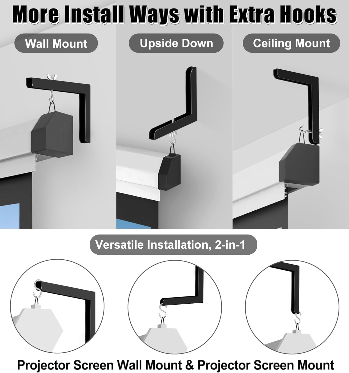 2-Be-Best Universal Projector Screen Wall Mount, 6" Projector Screen Hanging L Brackets Projectors Screens Ceiling Mount Adjustable with Hook and Extra Accessories 84 Lbs / 38Kg Load, Black image number 4