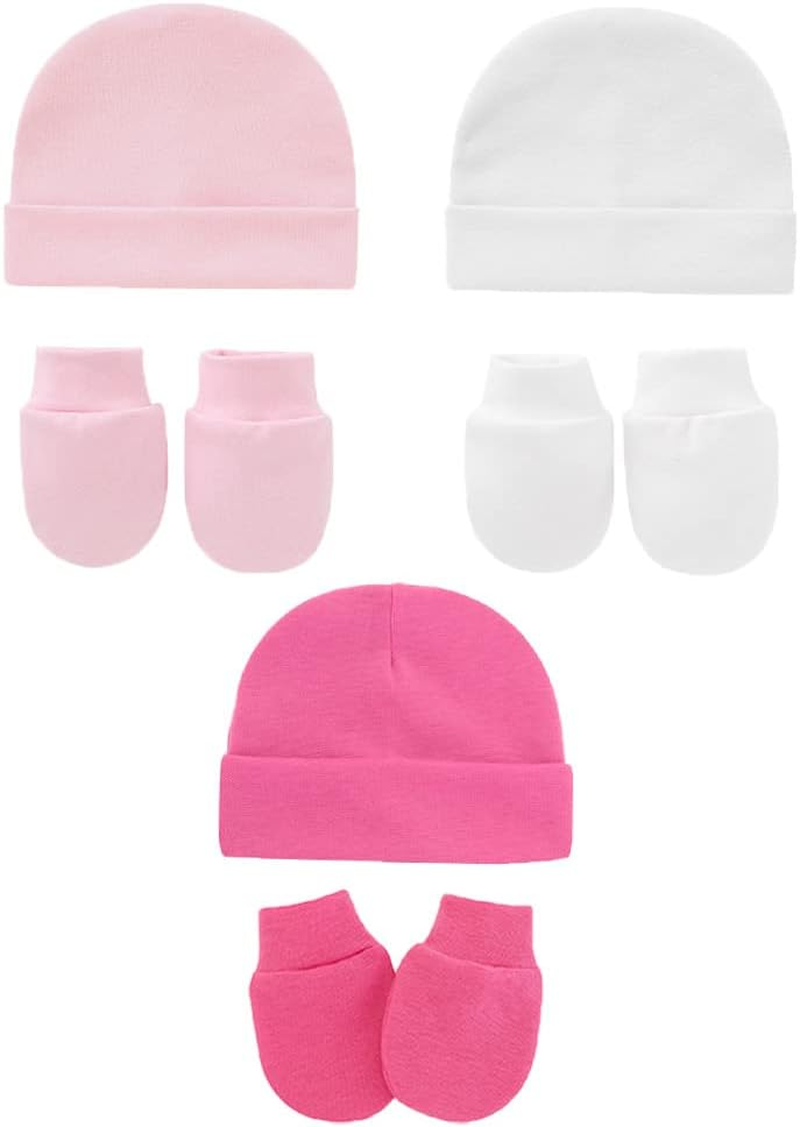 Cotton Newborn Hospital Hat Baby Hat and anti Scratch Mittens Set for 0-3 Months Newborn Baby Boys Girls Essentials Bonnet Infant Beanie Caps and Gloves 6Pcs image number 2