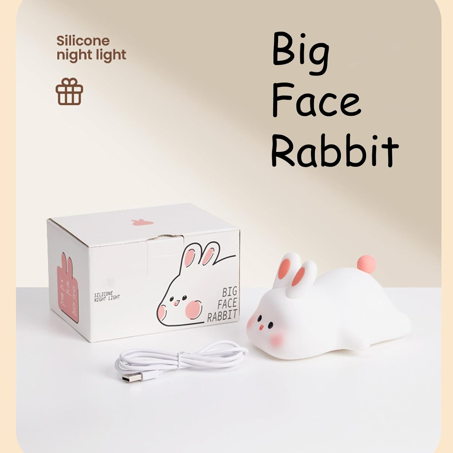 Shgarden Big Face Rabbit Night Light Cute Silicon Bunny Gifts 3 Level Dimmable Squishy Nightlight Rechargeable Bedside Touch Soft Lamp for Nursery Breastfeeding Bedroom Living Room SH0091 image number 5