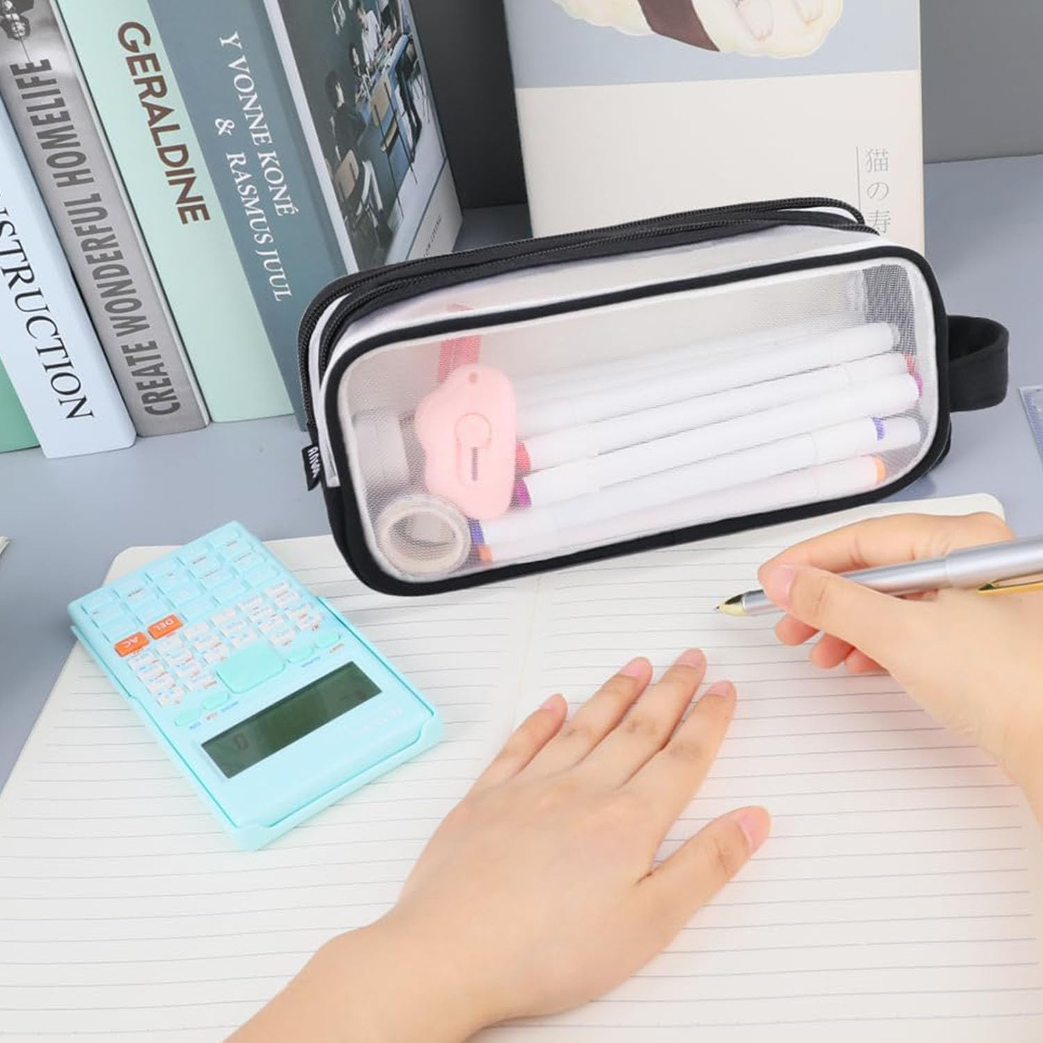 Grid Mesh Pen Pencil Case with Zipper, 2 Compartment Clear Pencil Case Pouch, Clear Zipper Transparent Stationary Makeup Bag, Multi-Purpose Transparent Stationery Bag (Black) image number 6