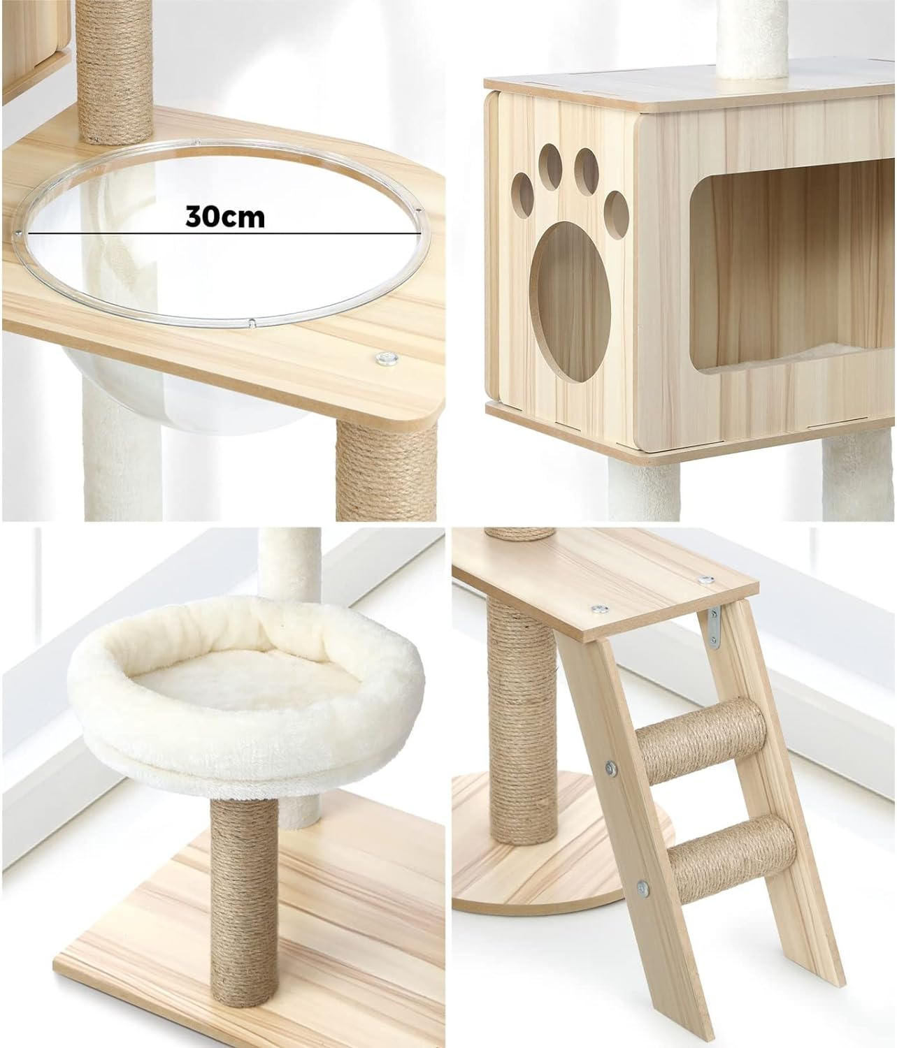 ALOPET Cat Tree with Ladder, 142Cm Cat Tower W/Sisal-Wrapped Scratching Posts, Hanging Activity Ball, Acrylic Bowl, Multi-Level Platforms Cats Condo House Bed for Indoor Cats Kitten Playing, Wood