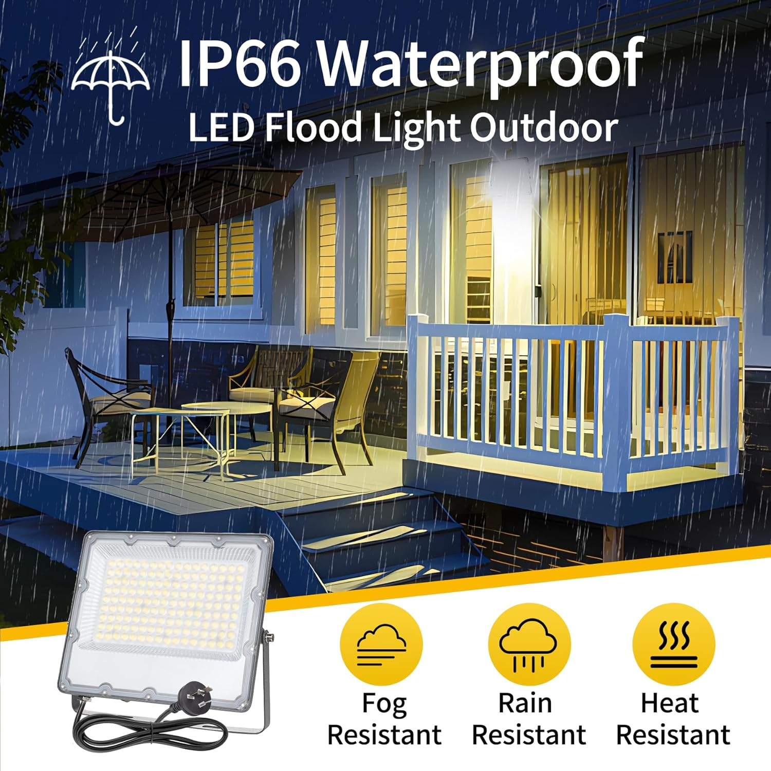 MEEKBOS 100W LED Flood Lights Outdoor, 10000LM Bright 6500K Daylight White, IP66 Waterproof Exterior Security Lights for Yard, Garage, Backyard, Driveway image number 3
