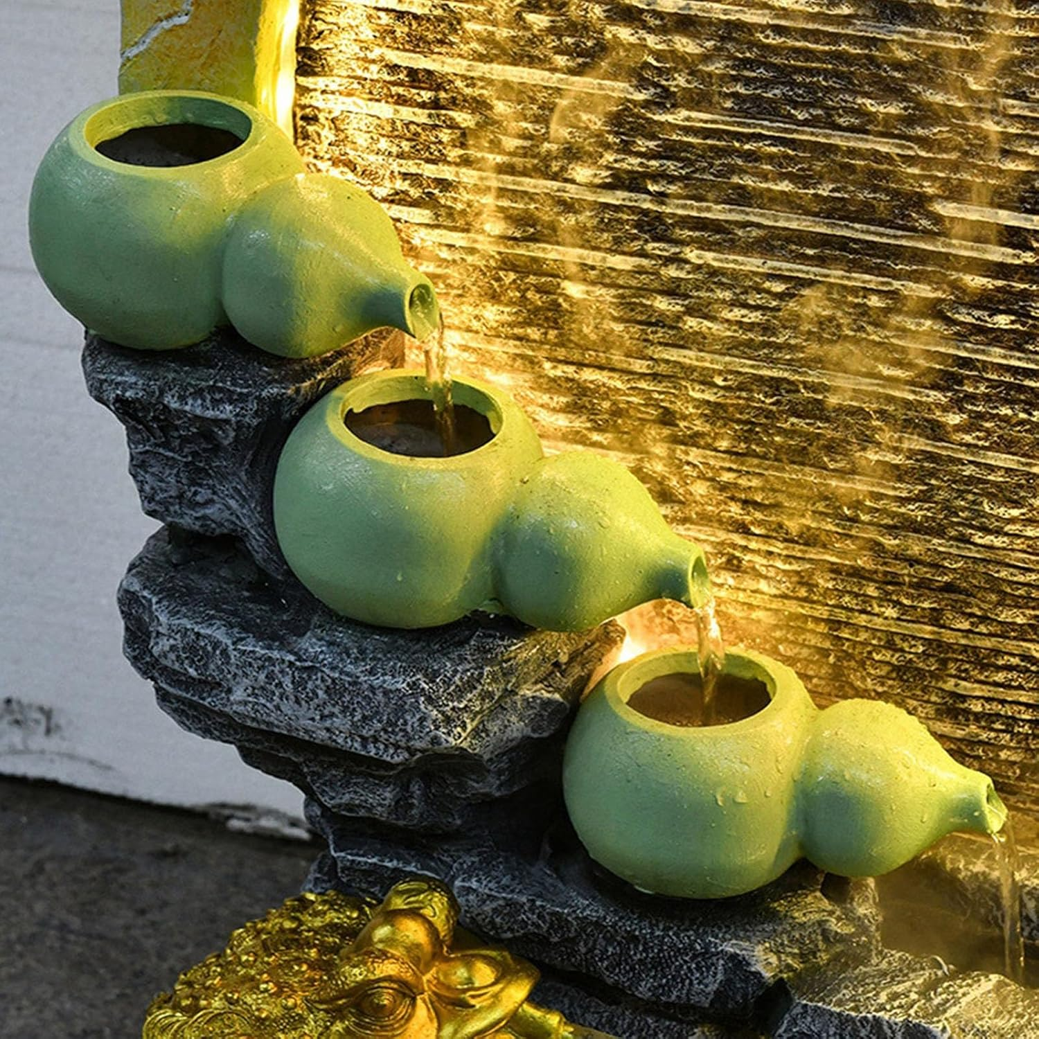 Outdoor Fountain Floor Standing Gourd Water Fountain, Indoor Freestanding with Mist, LED Lights and Simulated Greenery, Feng Shui Office Home Decor for Good Luck Wealth(Black) - White image number 6