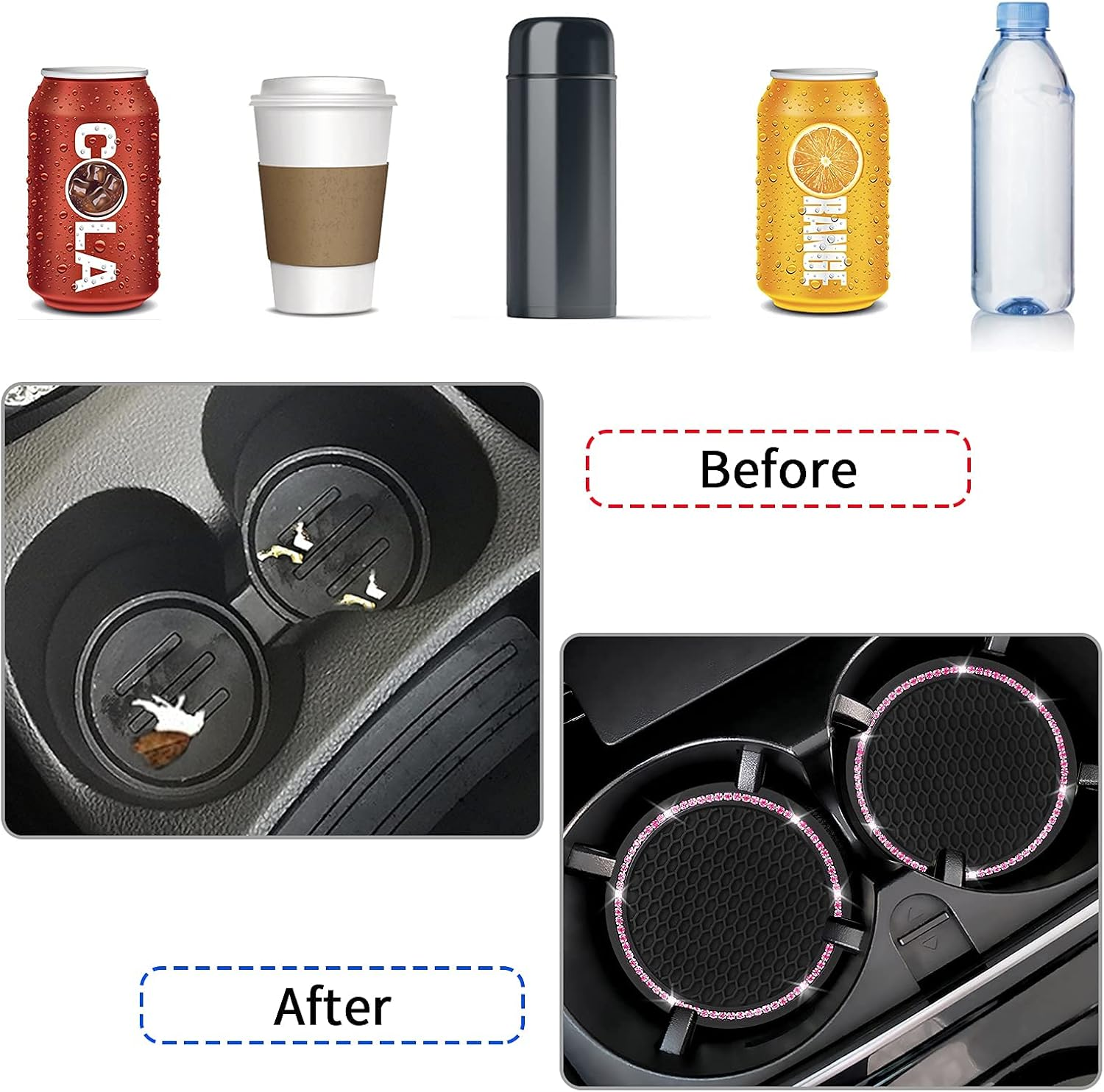 4 Pack Car Coasters, Universal Vehicle Bling Car Coaster, Cute Rhinestone Coaster for Cup Holders,Interior Accessories 2.75'' Silicone anti Slip Car Coasters for Women (Pink Crystal Circle) image number 5