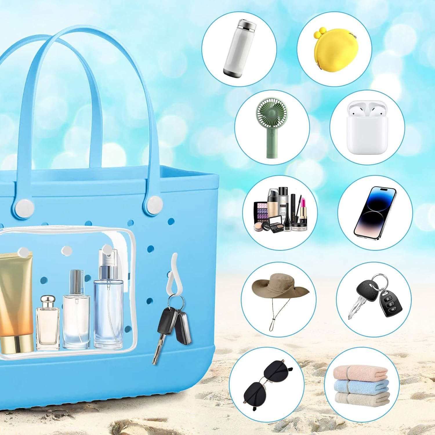 2 Pack Clear Inner Pouch Tote Bag with 2 Insert Hooks for Bogg Bag, Divider Storage for Travel Cosmetic Makeup Clean Organizer, White, Modern - 2, Black image number 6