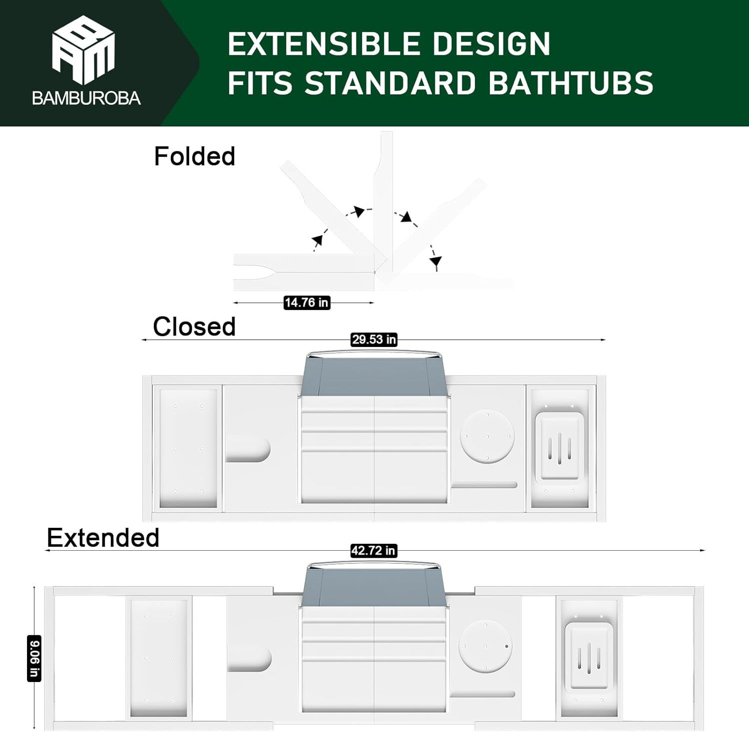 Foldable Bamboo Bathtub Caddy Tray Expandable for Luxury Bath, Bath Accessories & Table with Wine Glass Holder, Book Stand Bathroom Organizer with Extending Sides for Men/Women,White - Natural image number 2