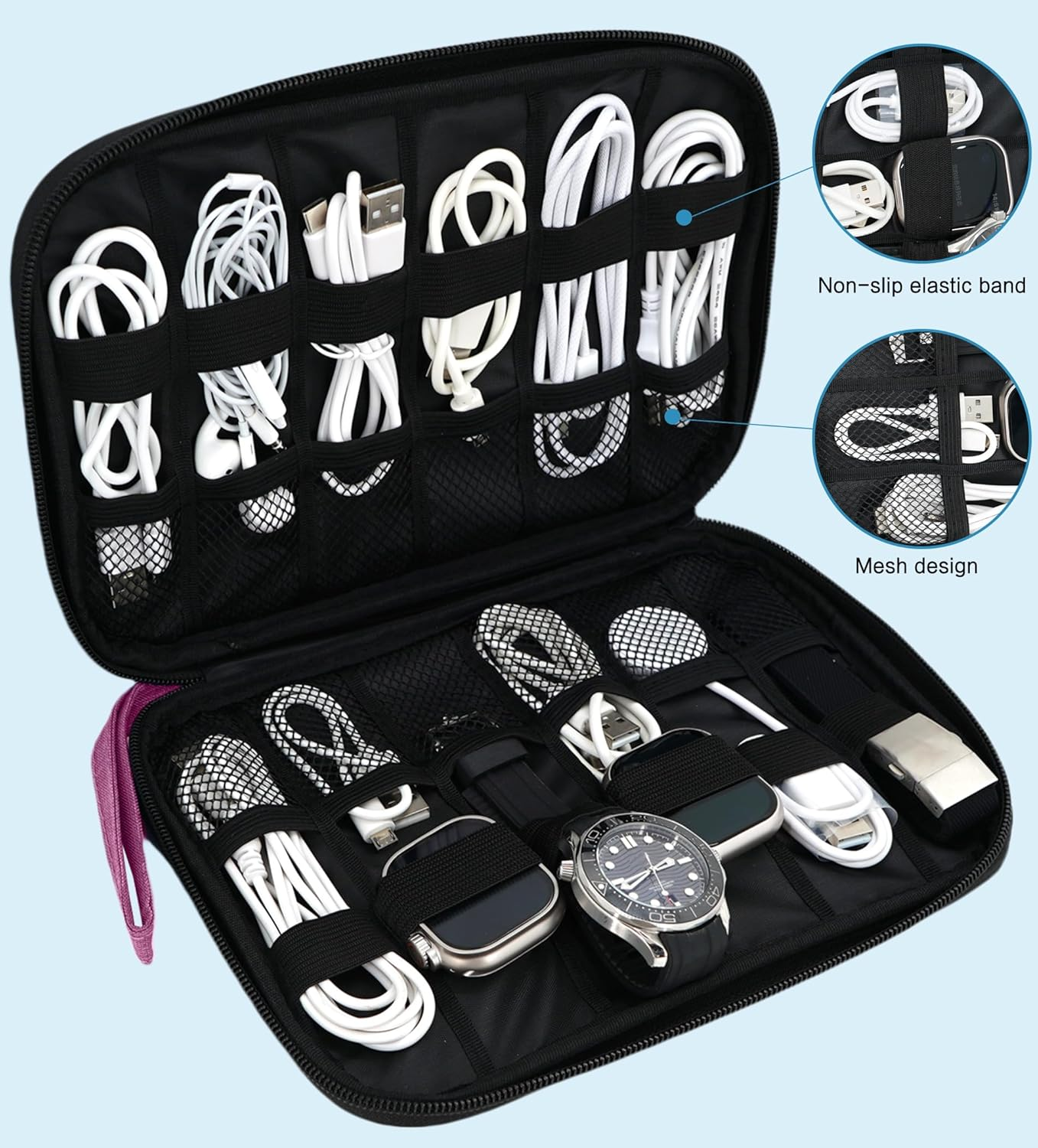Electronics Organizer Travel Case &ndash; Portable Waterproof Tech Accessory Bag for Cables, Chargers, Watch Straps & Gadgets with Zipper, Hanging Strap & Elastic Compartments for Travel, Office, Daily Use image number 6